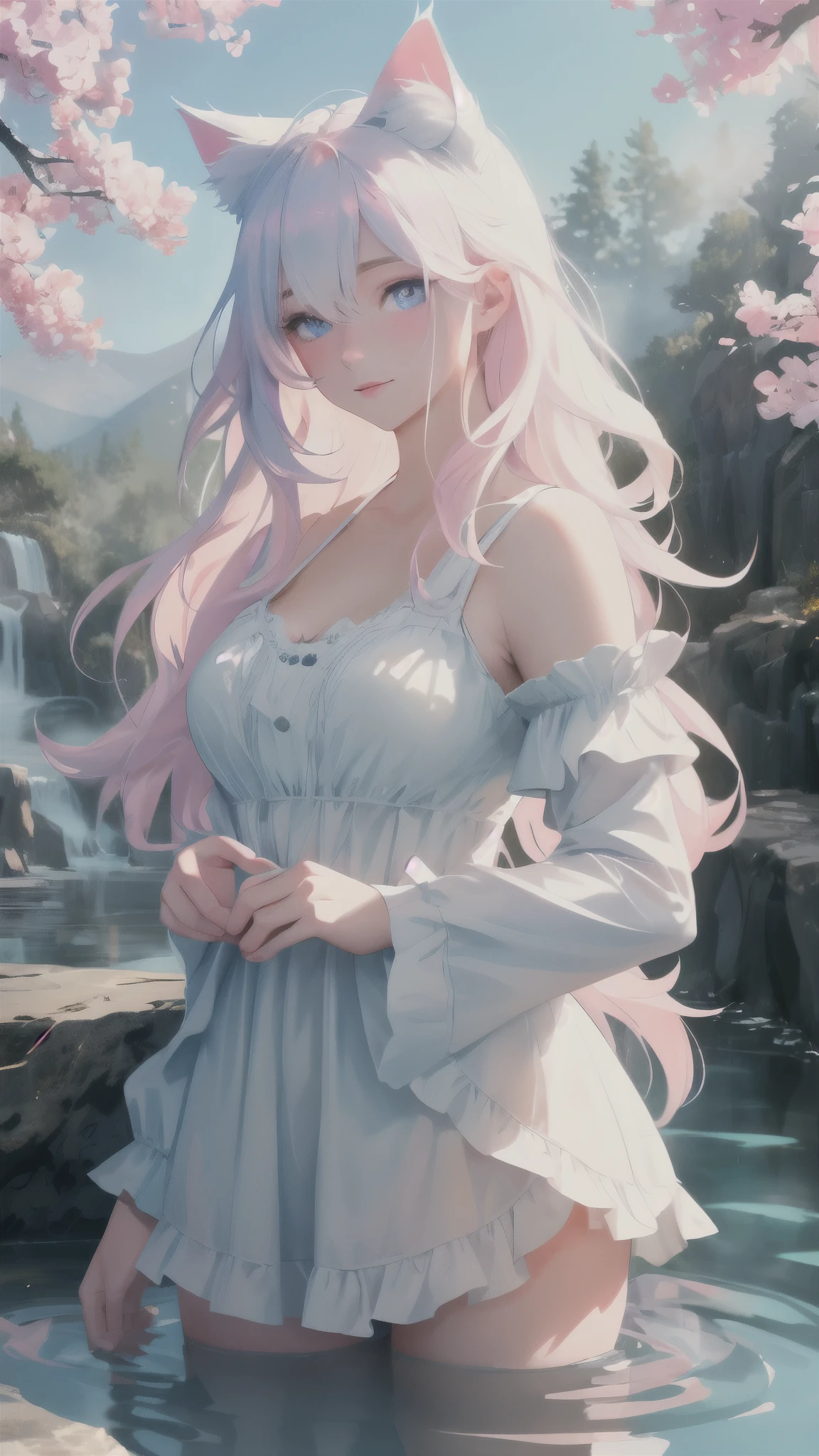 {(A single girl with cat ears, double eyelids, blue eyes, long pale golden hair blowing in the wind),

(Clear facial features, delicate and proud face, pink lips and cheeks),

(A beautiful image of a delicate yet cold and arrogant beauty),

(In hot springs, hot springs in beautiful scenery, overflowing with the heat of open-air hot springs in a natural atmosphere),

(Soaking in the hot spring is comfortable, charming and a bit sexy),

(Integrate, unify 32k image quality, enhance details, extremely enhanced details, crazy enhanced details, crazy enhanced high-resolution coherence, clear the blurry and foggy surface processing of the work),

(Photograph: 1.4, epic masterpiece, dynamic, vivid, real, real and delicate, infinitely real)} Repeat *3,

32k ultra-high-definition photo quality, digital art, master-level works, 32k ultra-high-definition quality wallpaper, RAW file format, repair slightly blurred pictures, front light, natural light assist, light and shadow effects, HDR,