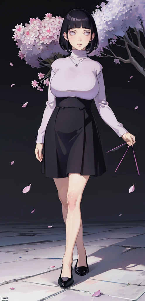 { - anatomy error} (Masterpiece - Ultra-detailed, very high resolution) (huge titusty, masterpiece, absurdres, hinata\(boruto\), 1girl, solo,mature female, lilac turtleneck blouse, high waist black short skirt, looking at viewelling petals), perfect composition, detailed lips, big breast, beautiful face, body propotion, blush, (pink lips), short hair, (black hair), purple eyes, soft gaze, super realistic, detailed, photoshoot, realistic face and body, closed mouth, lilac eyes, full body, walking on the floor, black shoes, perfect fingers