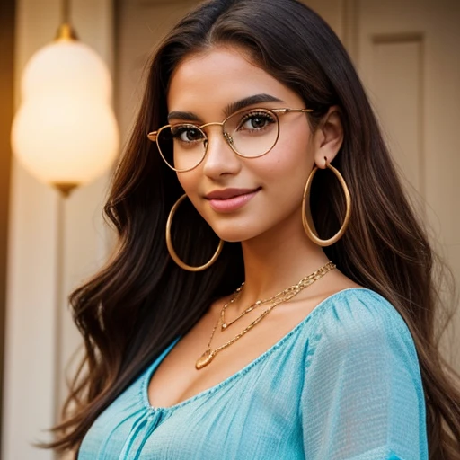 Create an image of Isabella, the Brazilian model, with rich brown skin the color of java, she is 19 years old and stands at a height of 1.60 m, she has long chestnut-colored curly hair with golden highlights, her large green eyes have subtle make-up and round glasses, a small freckle on her nose and round cheeks illuminated by the light, she has a large mouth with a wide and enchanting smile, a pair of hoop earrings adorns her ears, around her neck is a chain with a small heart-shaped pendant, she wears a Tomara top that falls blue and an open quadriculed blouse, distressed