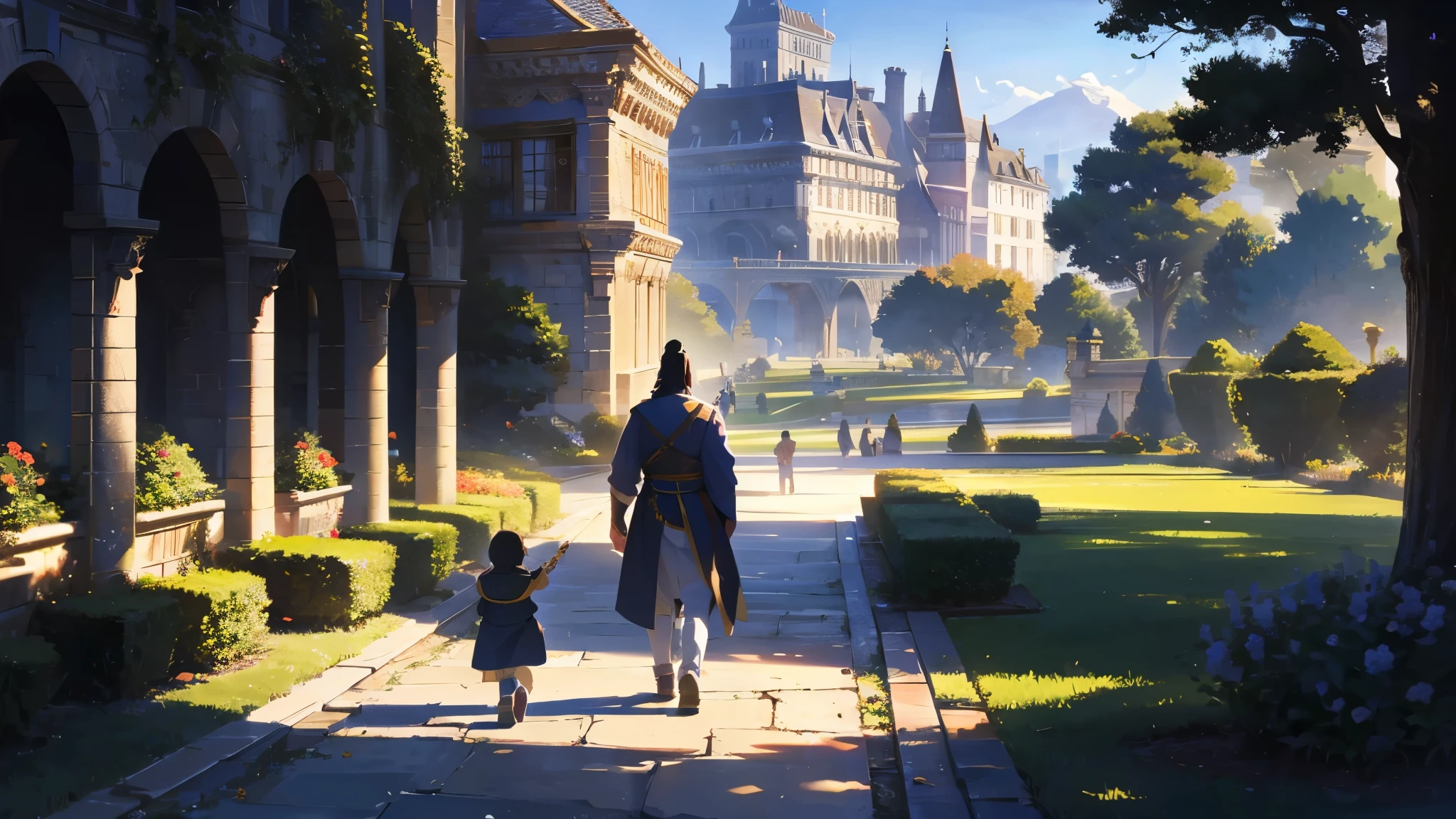 A king walking with his son in the garden of a large castle with a beautiful lak