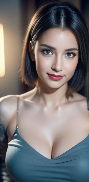 ((Best picture quality, 8K,tmasterpiece:1.3,)), ((Karina Lyla))，1girll, Beautiful woman with slender abs:1.3, (Casual hairstyle,鎖骨，Huge bust， Leaky big breasts:1.2，cleavage,Tattooed with), Ultra-fine face, 詳細な目, 二重まぶた