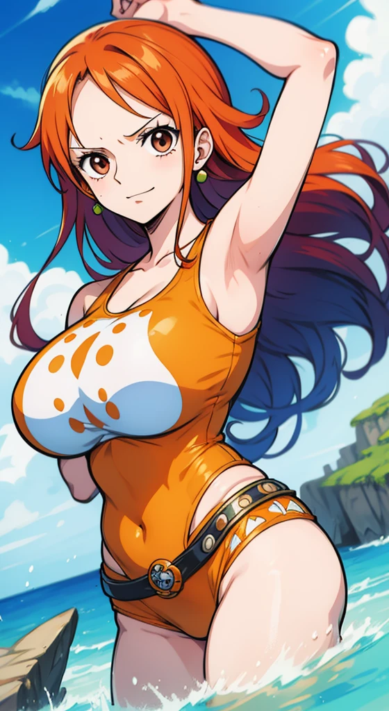 Generar una imagen realista de estilo anime de Nami de One Piece. Captura su apariencia distintiva con cabello naranja, una camisa, and a cheerful expression. Make sure the picture reflects your adventurous and confident personality as shown in the anime.., cuerpo completo, Plano amplio , Curvy athletic body, Antecedentes de la isla,top de sujetador, falda, ojos naranjas, ojos naranjas, armpits