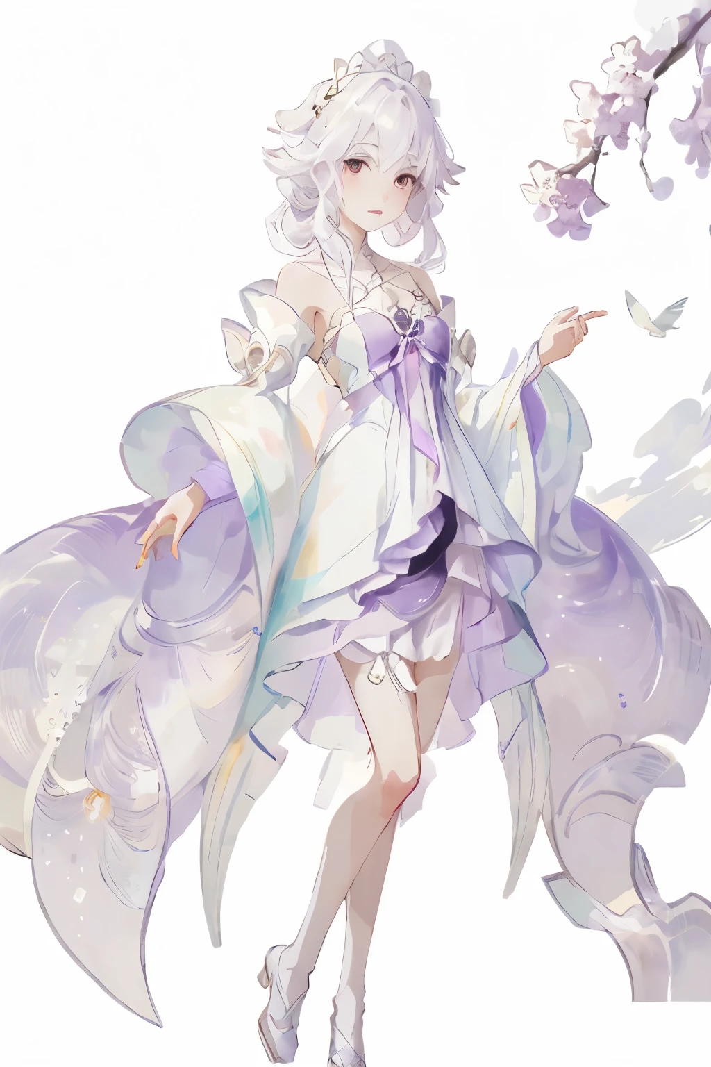 Anime girl wearing purple skirt，There is a bird in the background, lilacs, my dress up darling anime, Cute anime waifu wearing beautiful clothes, clear Fashion Design, !!full body portrait!!, Soft anime illustration, Fashion Design, Beautiful anime style, season!! : 🌸 ☀ 🍂 ❄, Beautiful anime character design, Dress up in dreamy formal attire, Beautiful anime art style, dream style
