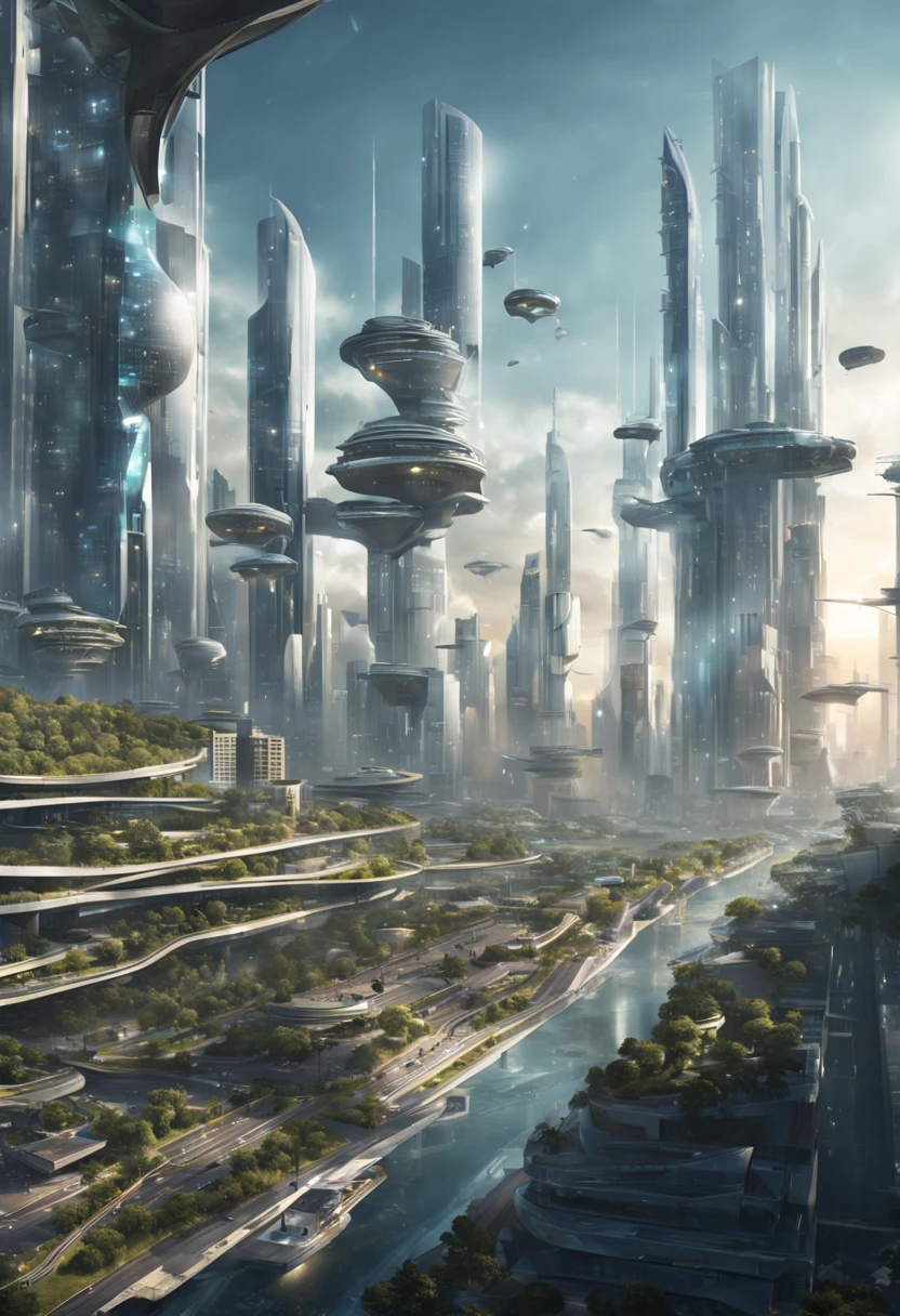 Imagined future cities, AI ideas, high quality images.
