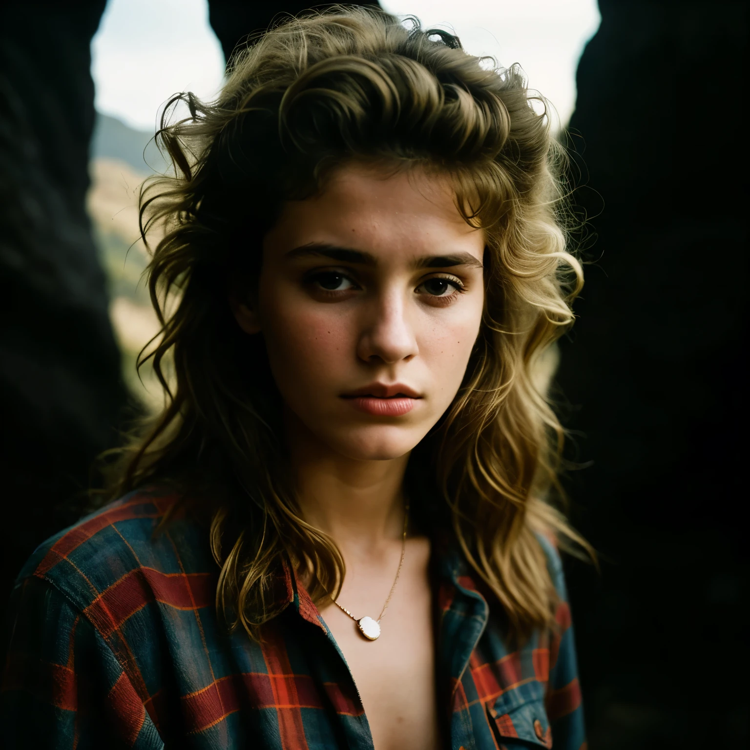photograph of a woman, (troubled facial expression), textured skin, goosebumps, blonde afro hair, plaid flannel shirt with distressed boyfriend jeans, cowboy shot, dark and mysterious cave with unique rock formations and hidden wonders, perfect eyes, (candlelight,chiaroscuro), Porta 160 color, shot on ARRI ALEXA 65, bokeh, sharp focus on subject, shot by Don McCullin