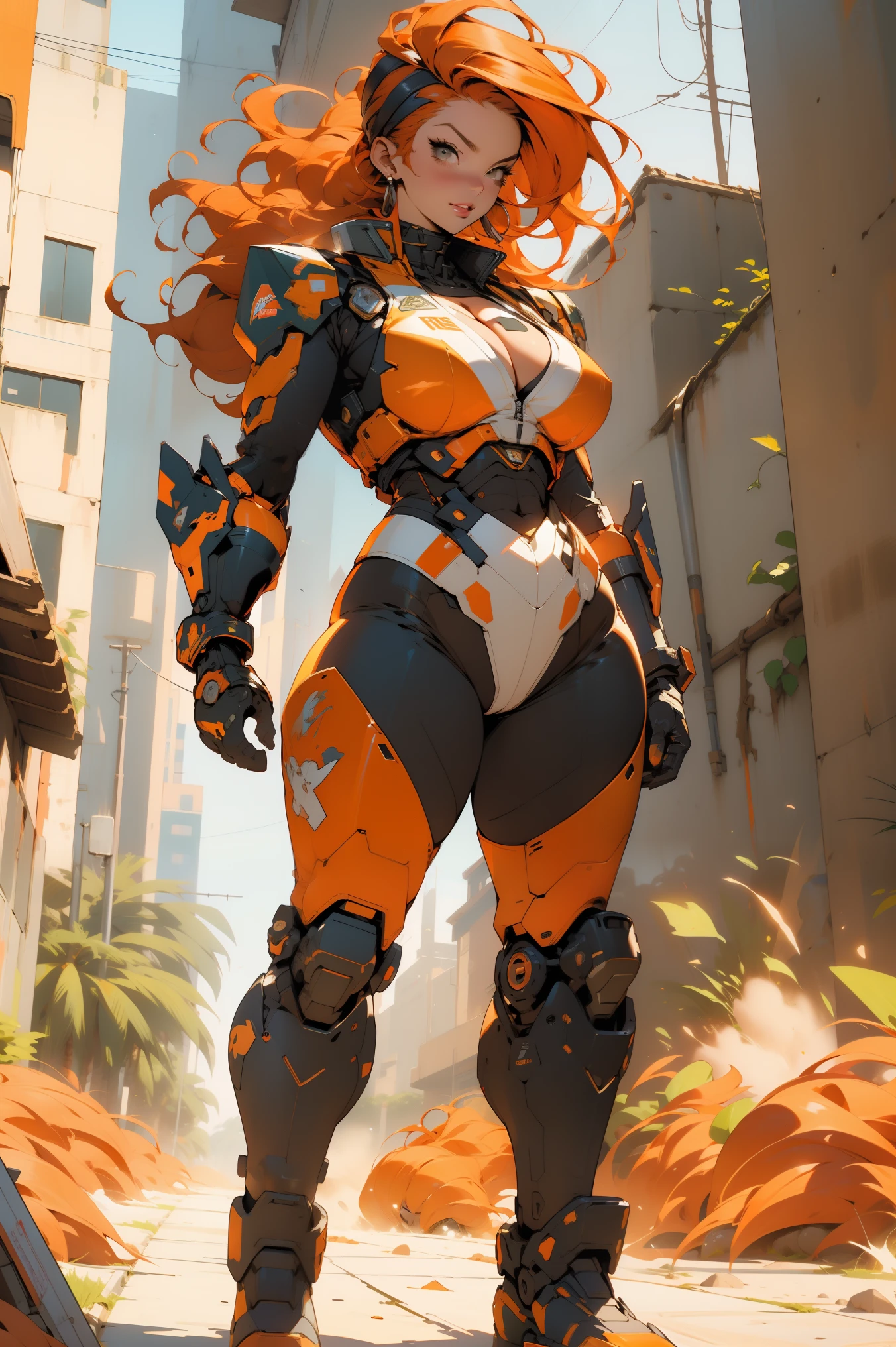 ((Best quality)), ((perfect masterpiece)), (detailed: 1.4), (Absurd), (((full body, curvy body, enormously gigantic tits, cleavage showing)), (((orange hair woman))), 21-year-old woman, Beautiful sexy busty woman, giant robot pilot, wild with perfect curvy body, wearing mecha battle armor little clothing, tiny thong, clothing with Japanese cyberpunk graphic patterns, halftone pattern and vertical stripes, earth tone, coming out of the body of a giant robot