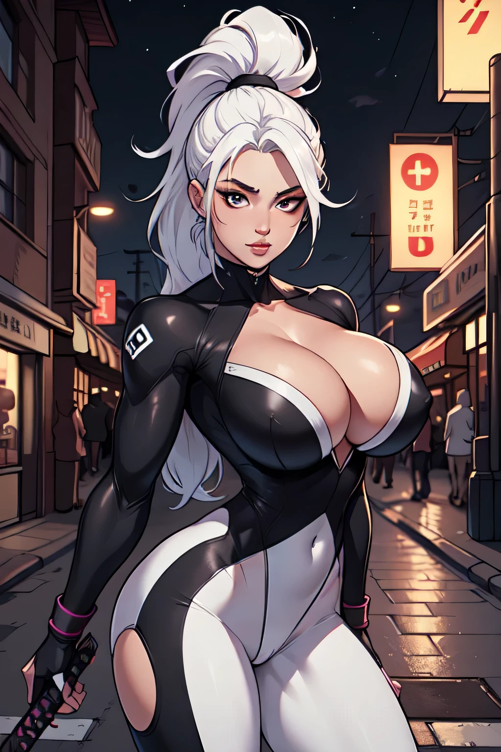 ((melhor qualidade)), ((4KUHD)), ((obra de arte)), (detalhado), rosto perfeito, garota branca, grande , standing, neon city, traje ninja, noite, cabelo rabo de cavalo, cabelo branco, retrato, decote, Katana