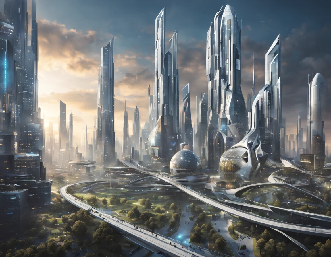 Imagined future cities, AI ideas, high quality images.