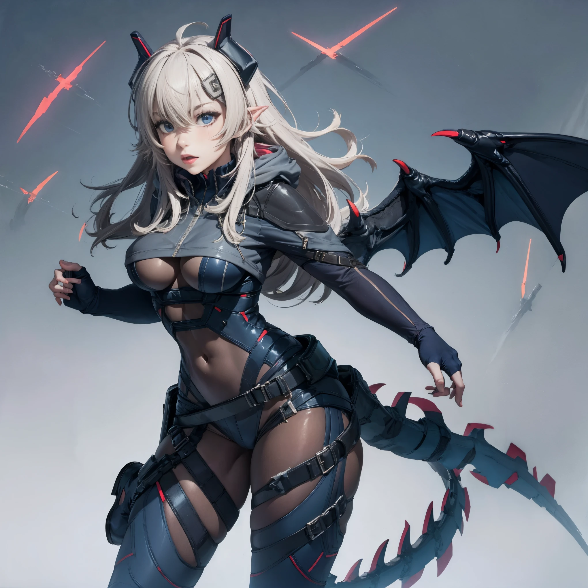 masterpiece, shoulder length white hair, female,2 white fox ears, age girl, body,, white scale dragon tail, military boots,black leggings, military combat pants, black T-shirt, white jacket open, medium size chest, detailed blue eyes,solo female,1 dragon tail, tomboyish, thick dragon tail, white scales, 2 dragon wings, white fluffy wings