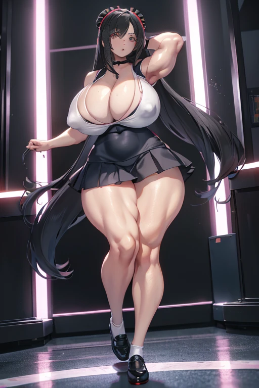 Best quality,8K,ultra high res:1.5), (Pretty very very long straight hair tied with red ribbon girl),(Huge breasts:1.20),(very voluptuous body),(very voluptuous thigh),(body builder girl:1.5),(wide muscle:1.8),(shocked expression),(eyes to camera),(light black hair),(red short skirt),(nipples),(sexy abdominal muscles),(black shoes),(nipples),(blue eye ball),(standing),(school girl),(white cleavage school uniform),(nipples)