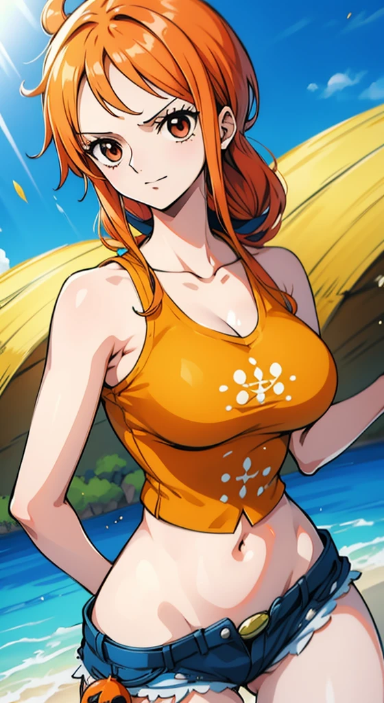 Generar una imagen realista de estilo anime de Nami de One Piece. Captura su apariencia distintiva con cabello naranja, una camisa, and a cheerful expression. Make sure the picture reflects your adventurous and confident personality as shown in the anime.., cuerpo completo, Plano amplio ,  Curvy athletic body, Antecedentes de la isla,top de sujetador, falda, ojos naranjas, ojos naranjas, armpits