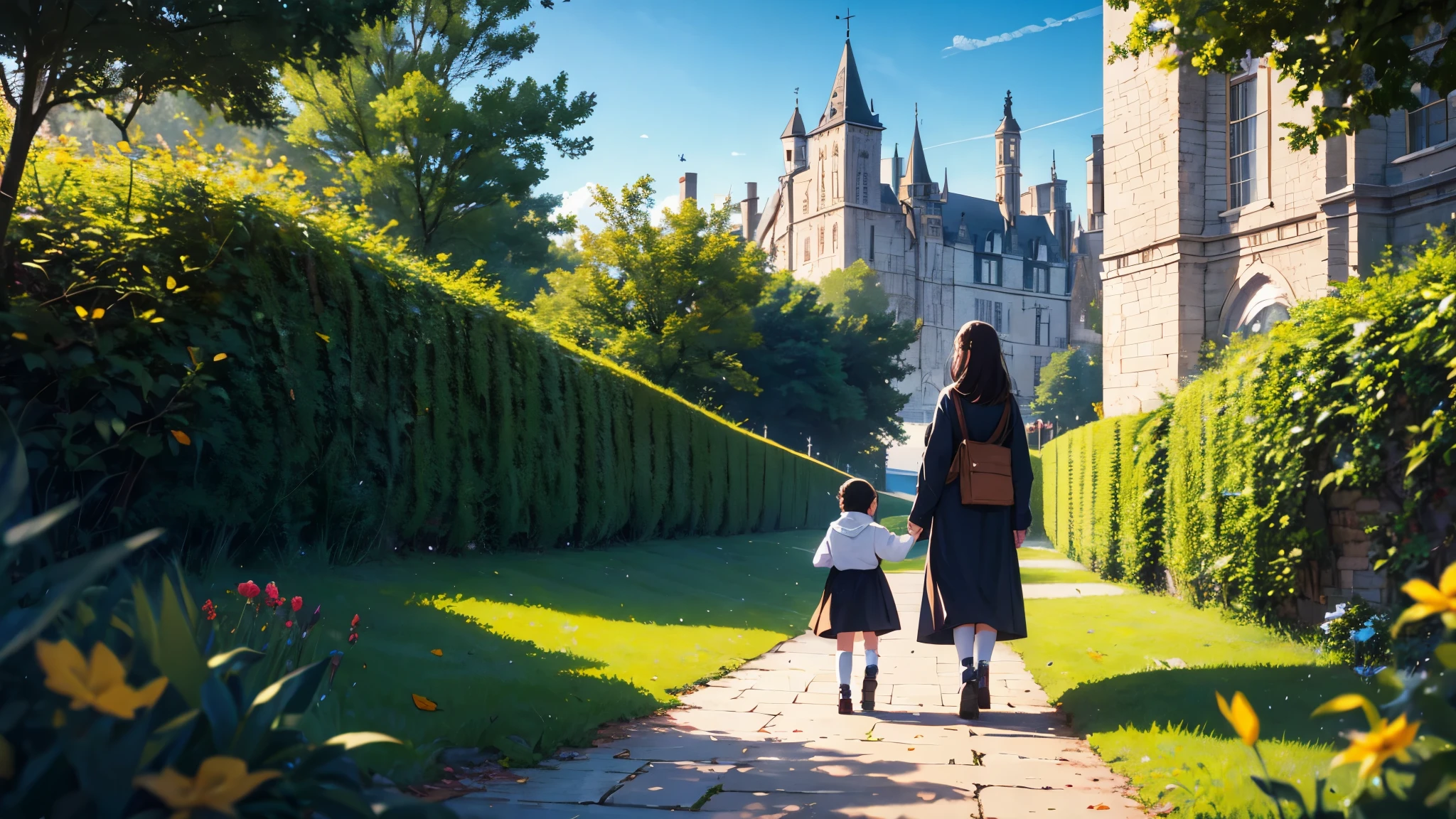 A king walking with his son in the garden of a large castle with a beautiful lak