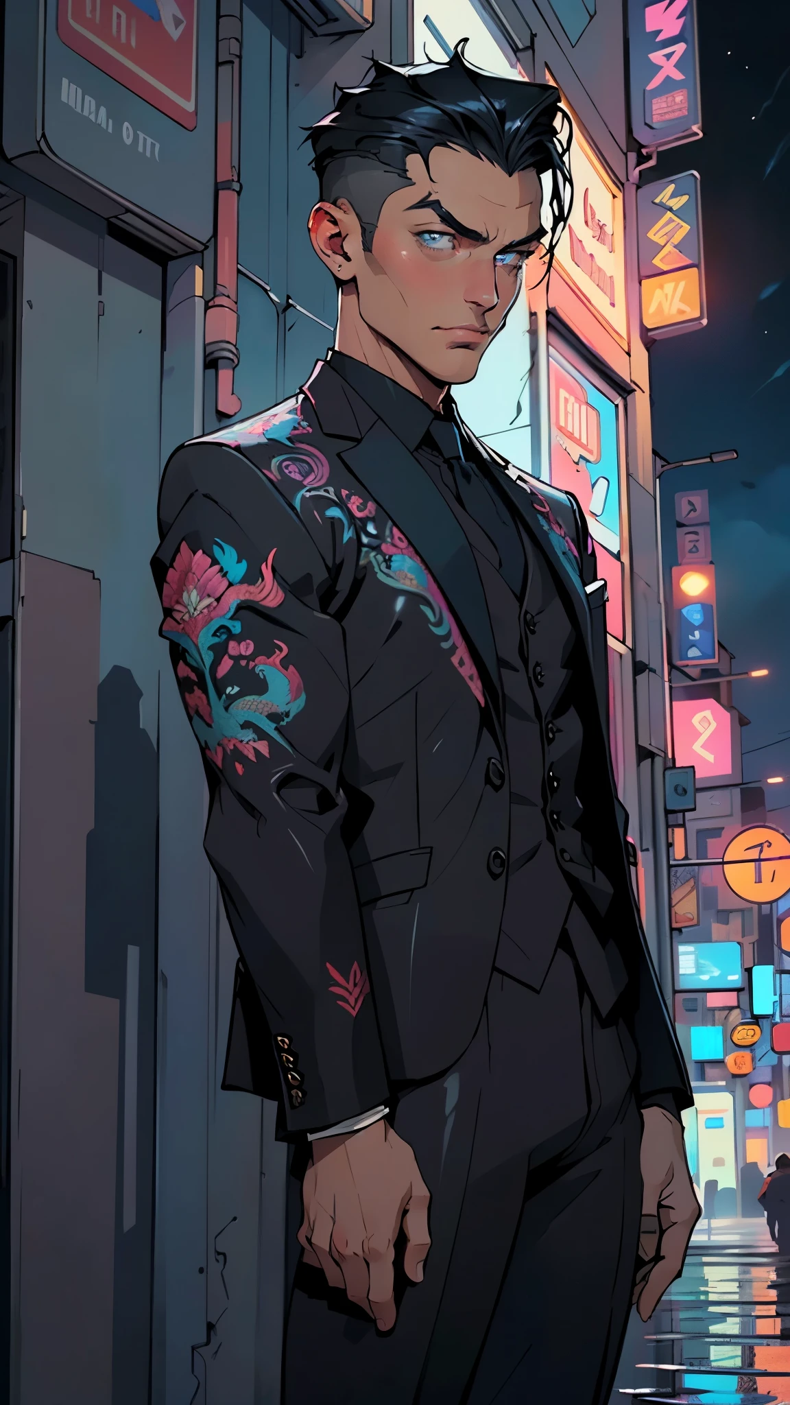 man:1.5,1 man,businessman man,(((1man))),((man with black short hair)),
(((1male,man:1.5,handsome man,male,male gender:1.5,male focus))),macho man,attractive villain,evil villain,
((slicked back hair, slicked back hair,black short haircut,)),(((lustrous skin:1.5,tanned skin,bright skin: 1.5,skin tanned,shiny skin,very shiny skin,shiny body,illuminated skin))),(((blue_eyes:1.2))),intricate eyes,beautiful detailed eyes,symmetrical eyes,((man chest)),handsome face,((muscular)),male jaw,(((detailed face))),
manly,nsfw,
cyberpunk businessman, ((Business suit:1.5)), futuristic businessman,((bulge in pants)),((dark purple and black suit:1.2)),(elegant suit),((wet clothes,intricate outfit,intricate clothes,intricate suit,ornate outfit,ornate clothes,ornate suit,embroidered outfit,embroidered clothes,embroidered suit,dragon embroidery)),
(dynamic pose:1.0),solo focus,((smug)),(centered,scale to fit dimensions,Rule of thirds),
cyberpunk city by the ocean at night, with bright neon signs and dark stormy clouds and puddles, scenery:1.25,nighttime, starry night, cosmos,Very dark night that makes the neon lights stand out, very bright neon lights,nighttime, starry night, cosmos,
highres, sharp focus, (ultra detailed, extremely detailed), (photorealistic artwork:1.37),(extremely detailed CG unity 8k wallpaper),((synthwave background theme)),(((vibrant colors))),(intricate background),(masterpiece),(best quality),