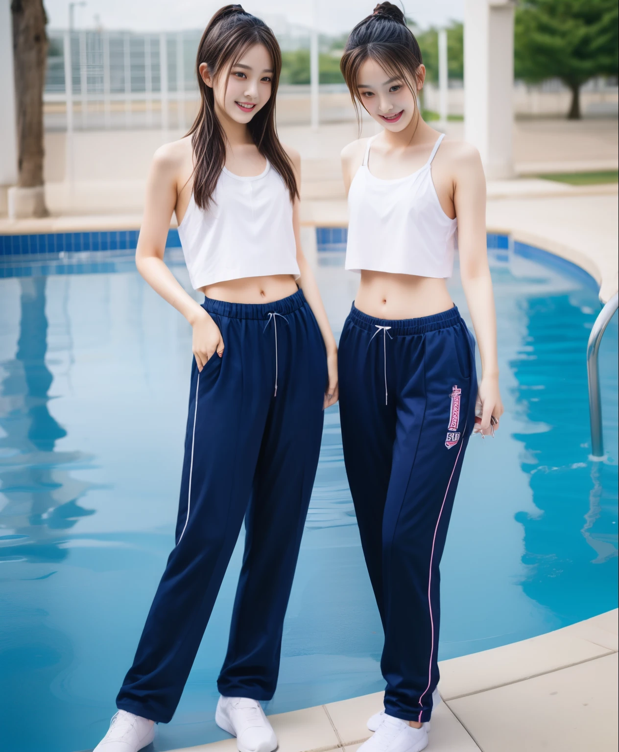 2 girls in the swimming pool, black underwear,Navy Long Trackpant,Sweatpants, Sweatpantsขายาว,25 year old girl, lesbian, sexy, exercise clothes, wet body