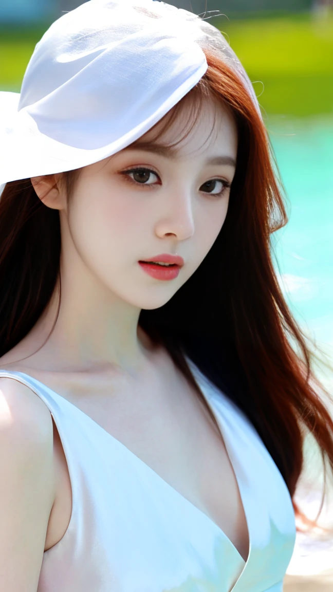 a close up of a woman in a white dress on a beach, beautiful south korean woman, gorgeous young korean woman, beautiful young korean woman, pale fair skin!!, soft portrait shot 8 k, pale beautiful skin, pale porcelain white skin, pale milky white porcelain skin, korean girl, pale snow white skin, seseon yoon, heonhwa choe