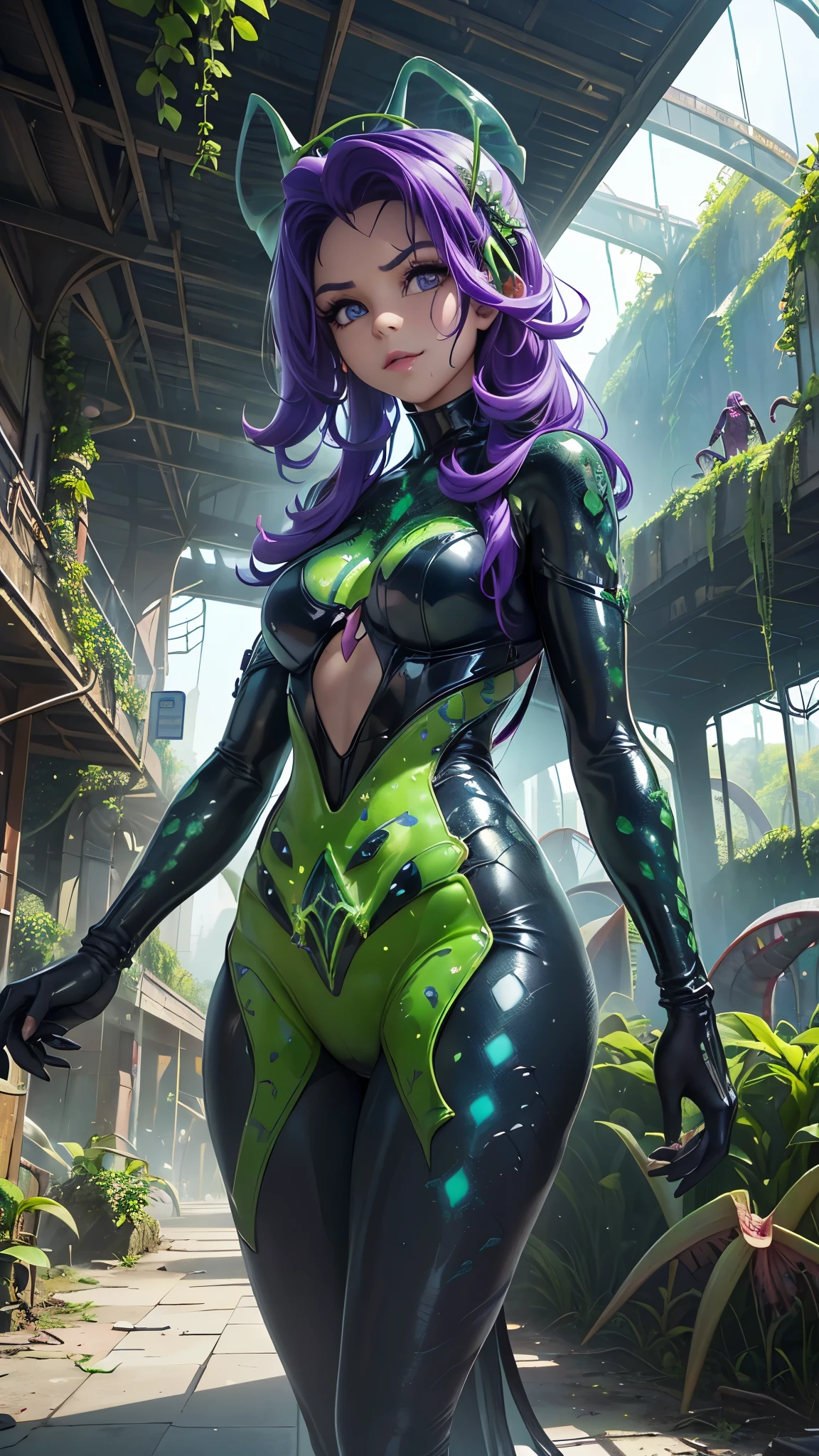 (La Mejor calidad,A high resolution,Ultra - detallado,actual),Ariana Grande green latex carnivorous plant dress, (Carnivorous plant latex suit:1.4), Futuristic shiny latex suit, (cabello largo violeta:1.4), cyberpunk glossy latex suit, ,More detailed 8K.Motor irreal:1.4,HD,La Mejor calidad:1.4, fotorrealista:1.4, textura de la piel:1.4, Obra maestra:1.8,Obra maestra, Mejor calidad,objeto Objeto], (rasgos faciales detallados:1.3),(Las proporciones correctas),(convexo Dedos detallados),(Ojos hermosos azules), (pose vaquero ), (train station ruins background:1.4) , Yellow latex,Realista,(background large carnivorous plants:1.4), (ciberpunk:2.1) ,(perfect anatomy) ,(carnivorous climbing plants the body), 