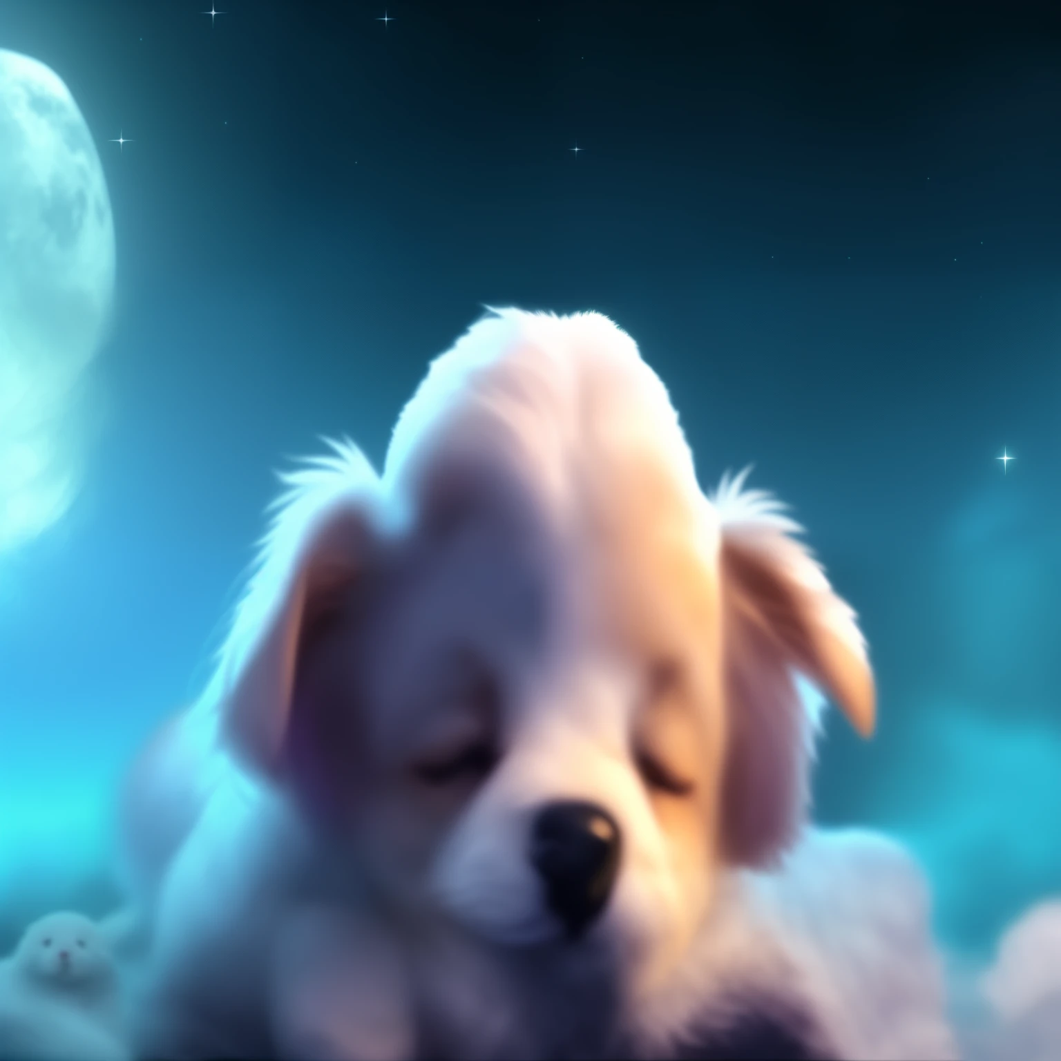  a charming night scene with an adorable puppy napping with his eyes closed on a fluffy cloud, vestindo uma touca de dormir. The surrounding starry sky illuminates the scene, pintando o fundo com tons azulados que destacam a serenidade do momento. Capture the puppy&#39;s sweetness and the peaceful atmosphere of the starry night, tendo bons sonhos