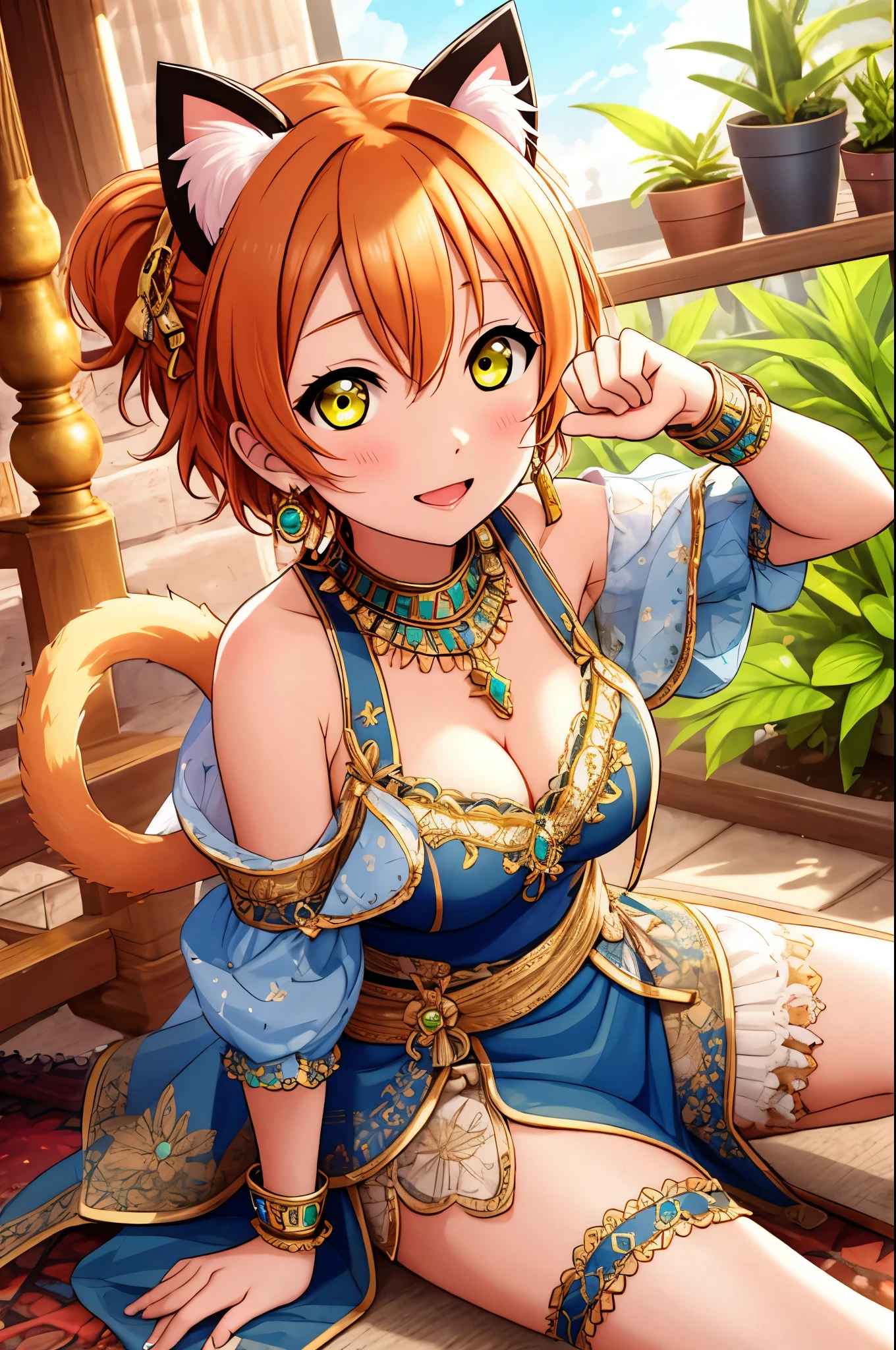 masterpiece, best quality,(hoshizora rin:1.000), yellow eyes, orange hair, (animal ears:1.000), (breasts:0.996), (jewelry:0.994), (cat ears:0.994), (cat tail:0.986), (hair over one eye:0.984), (egyptian clothes:0.950), (pelvic curtain:0.788), (bracelet:0.756), (large breasts:0.739), (cleavage:0.704), (cat girl:0.692), (earrings:0.671), (egyptian:0.618), (ring:0.600), (looking at viewer:0.593), Paw pose, Blush, (open mouth:0.5), Submissive, Sitting, on knees