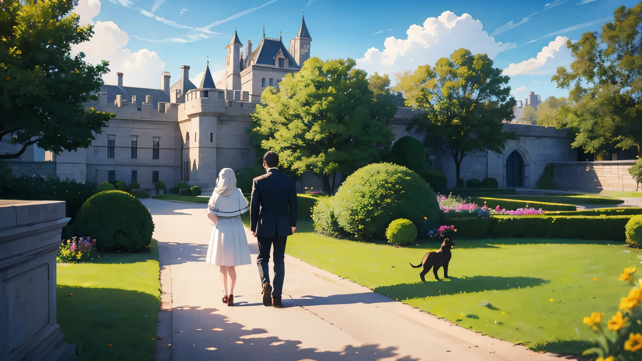 A king walking with his son in the garden of a large castle with a beautiful lak