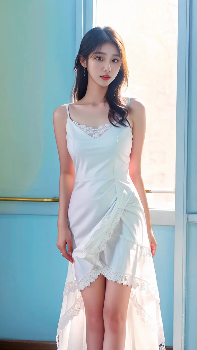 arafed woman in a white dress standing in front of a building, wearing white camisole, gorgeous young korean woman, beautiful young korean woman, beautiful south korean woman, korean women's fashion model, in white clothes, with white, white clothes, wearing white dress, white lace, simple dress, white lace clothing, wearing a camisole