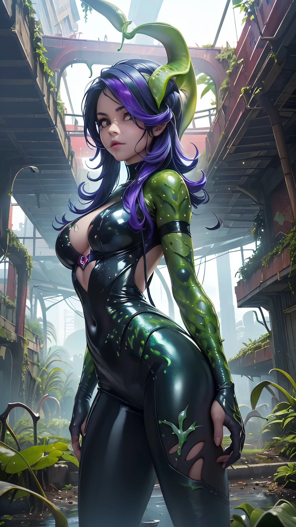(La Mejor calidad,A high resolution,Ultra - detallado,actual),Ariana Grande green latex carnivorous plant dress, (Carnivorous plant latex suit:1.4), Futuristic shiny latex suit, (cabello largo violeta:1.4), cyberpunk glossy latex suit, ,More detailed 8K.Motor irreal:1.4,HD,La Mejor calidad:1.4, fotorrealista:1.4, textura de la piel:1.4, Obra maestra:1.8,Obra maestra, Mejor calidad,objeto Objeto], (rasgos faciales detallados:1.3),(Las proporciones correctas),(convexo Dedos detallados),(Ojos hermosos azules), (pose vaquero ), (train station ruins background:1.4) , Yellow latex,Realista,(background large carnivorous plants:1.4), (ciberpunk:2.1) ,(perfect anatomy) ,(carnivorous climbing plants the body), 