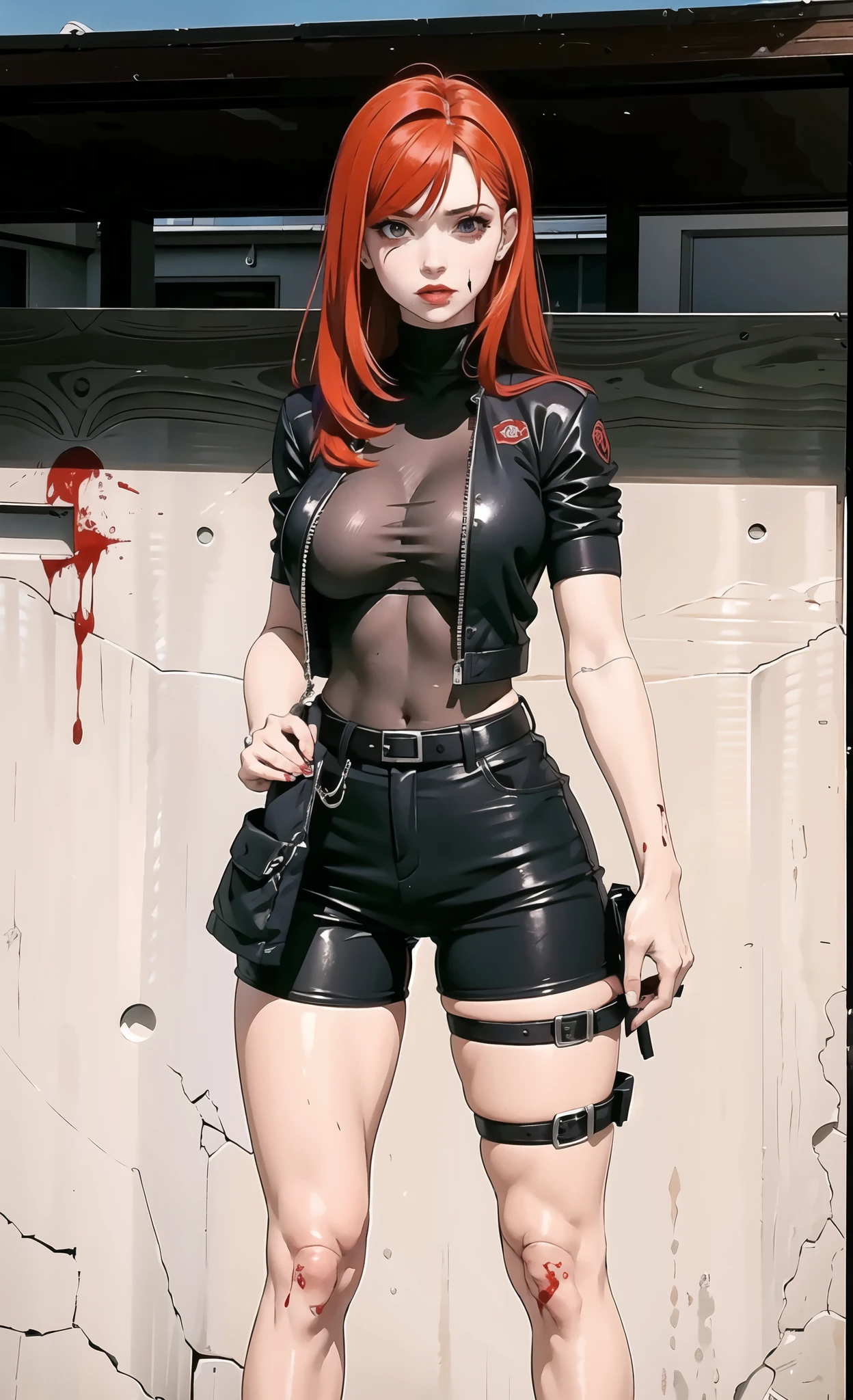Dangerous red-haired killer girl, Girl in black tight clothes, short shorts, Tight jacket, belts, band-aid on the nose, Contemptuous, beautiful detailed face, High quality,european girl, on the knees, missed a blow to the stomach, This, surprised, blood from the mouth, The girl holds her hands on her stomach, The girl's arms wrap around her waist, Blood on his hands, blood on the abdomen, A wound for life, bullet wound to the abdomen, Strict facial features, Spicy makeup, The face of young Melinda Clark, villain