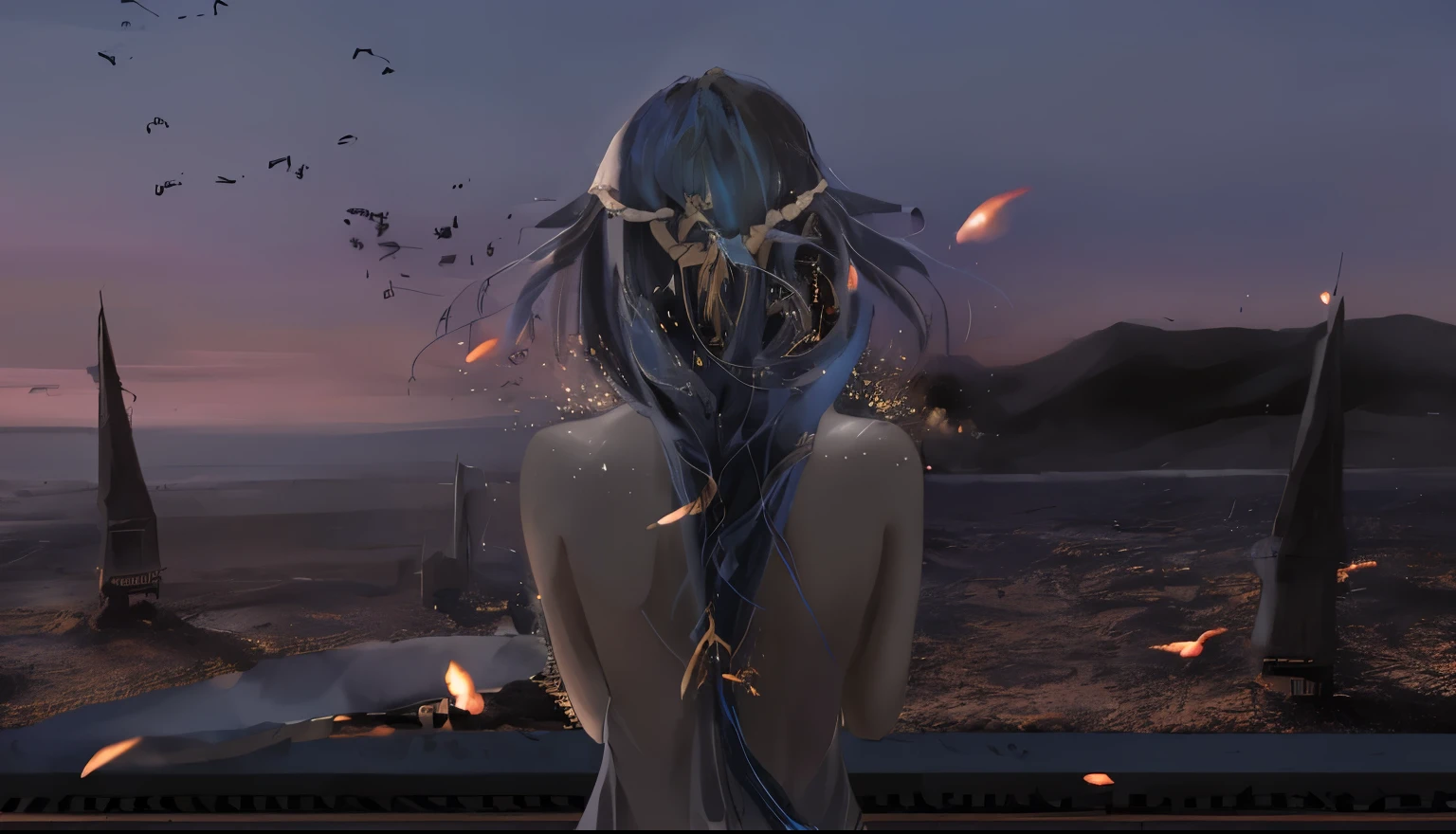 The girl with six wings behind her,Covered in blue flame powder