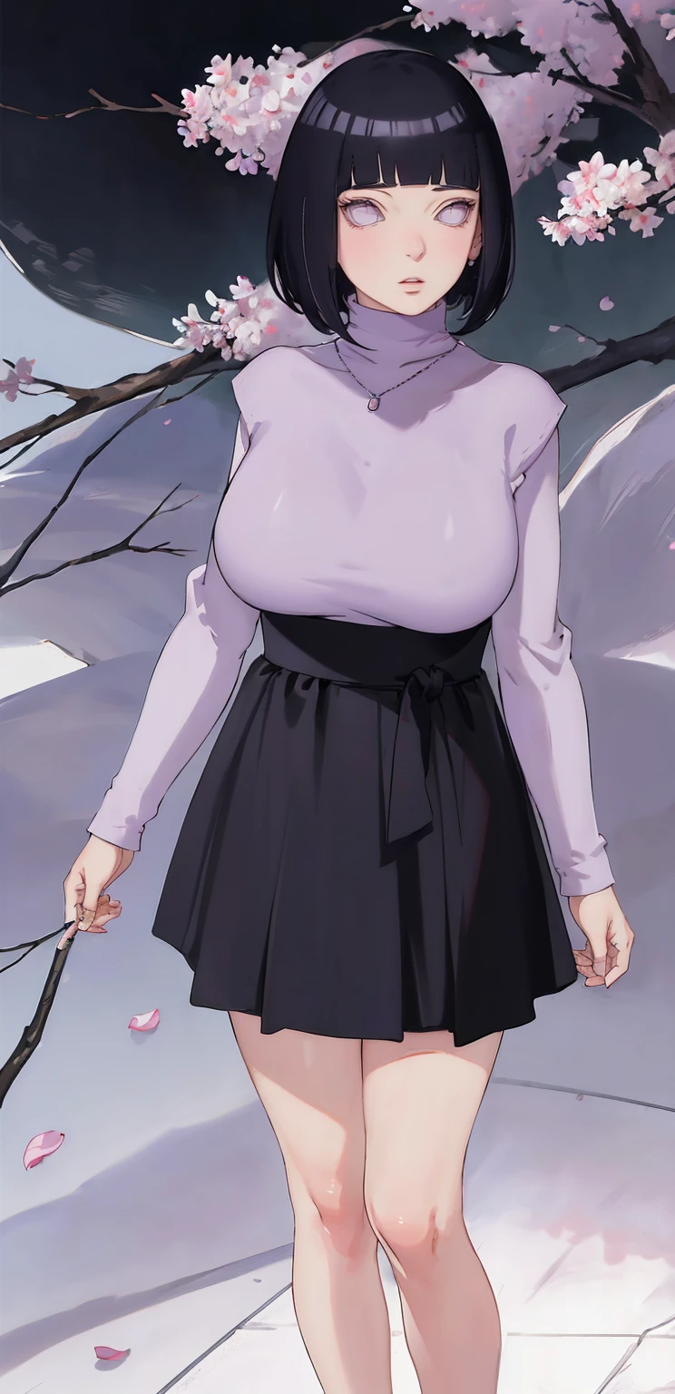 { - anatomy error} (Masterpiece - Ultra-detailed, very high resolution) (huge titusty, masterpiece, absurdres, hinata\(boruto\), 1girl, solo,mature female, lilac turtleneck blouse,  waist black medium skirt, looking at viewelling petals), perfect composition, detailed lips, big breast, beautiful face, body propotion, blush, (pink lips), short hair, (black hair), purple eyes, soft gaze, super realistic, detailed, photoshoot, realistic face and body, closed mouth, lilac eyes, full body, standing, walking on the floor, black shoes, perfect fingers