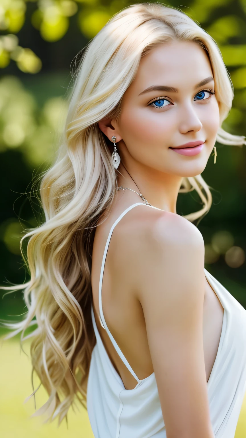 21 year old girl - Blonde with Blue Eyes: - Shiny blonde hair, falling in soft cascades to the middle of her back, capturing the light in a charming way. - Blue eyes like the clear sky, deep and serene, revealing a mixture of calm and wonder. -Soft and luminous skin, with a touch of blush that highlights its youth and vitality. -Finely sculpted facial features, with harmonious eyebrows and a delicate nose adding grace to her appearance. -large and very sexy breasts-Charming smile that illuminates her face, highlighting naturally attractive lips. - Slender and elegant figure, with a posture that combines grace and relaxed confidence. -Choice of modern and chic clothing, with colors that complement her skin tone and highlight her natural beauty. -Subtle details such as elegant earrings or a delicate necklace, adding a touch of refinement to her style. -The freshness and authenticity of her gestures transmit a vibrant and genuine personality. -Her presence radiates a beauty that goes beyond the physical, encapsulating a unique and timeless charm.