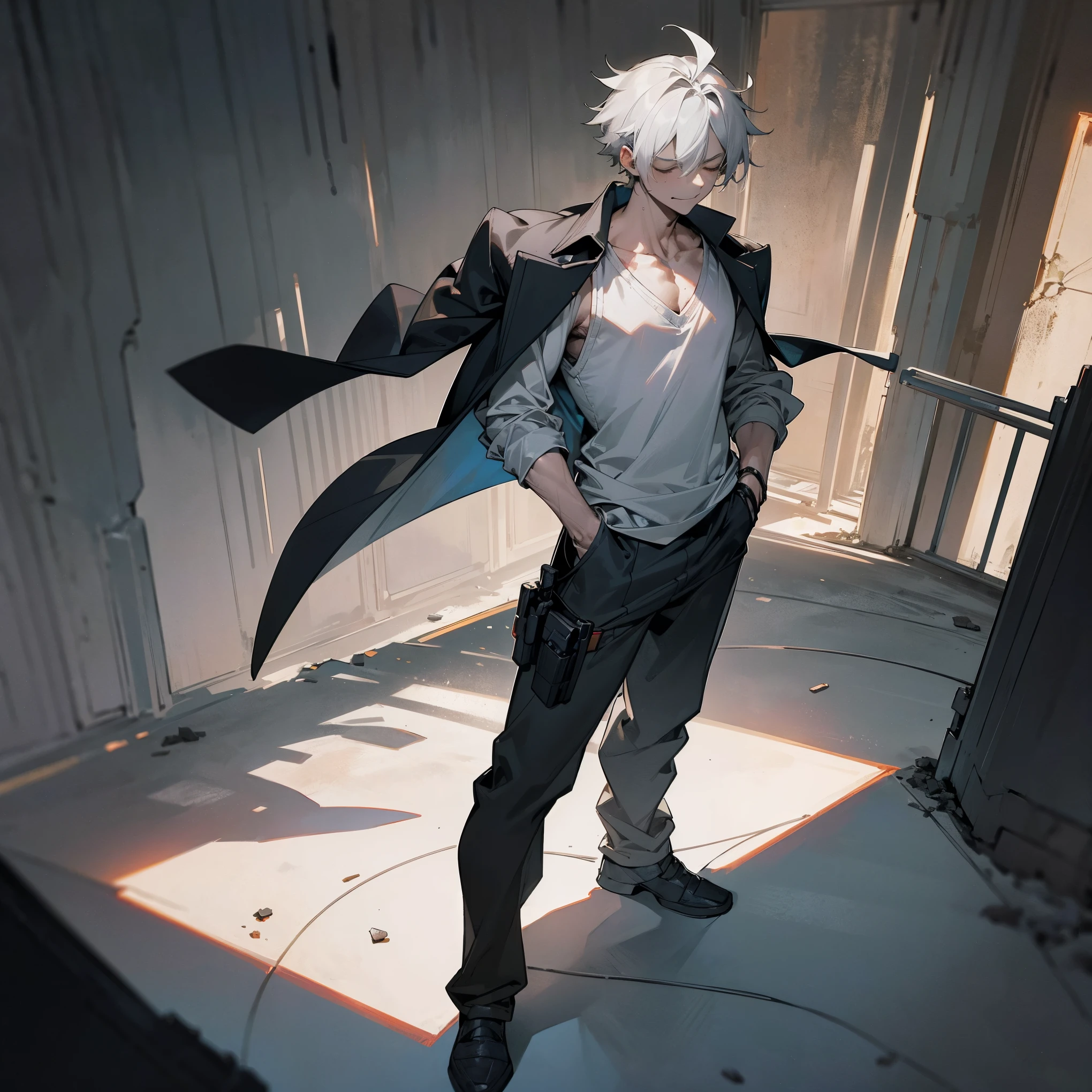 1male, teen, messy pale grey hair with black highlights, closed eyes, body scars, posing with hands in pockets, loose v neck shirt with sleeves rolled up, suit vest, loose baggy jogging pants, empty underarm gun holster, gun holster under armpit, best lighting and shadows, night time big city, tokyo, evil smile