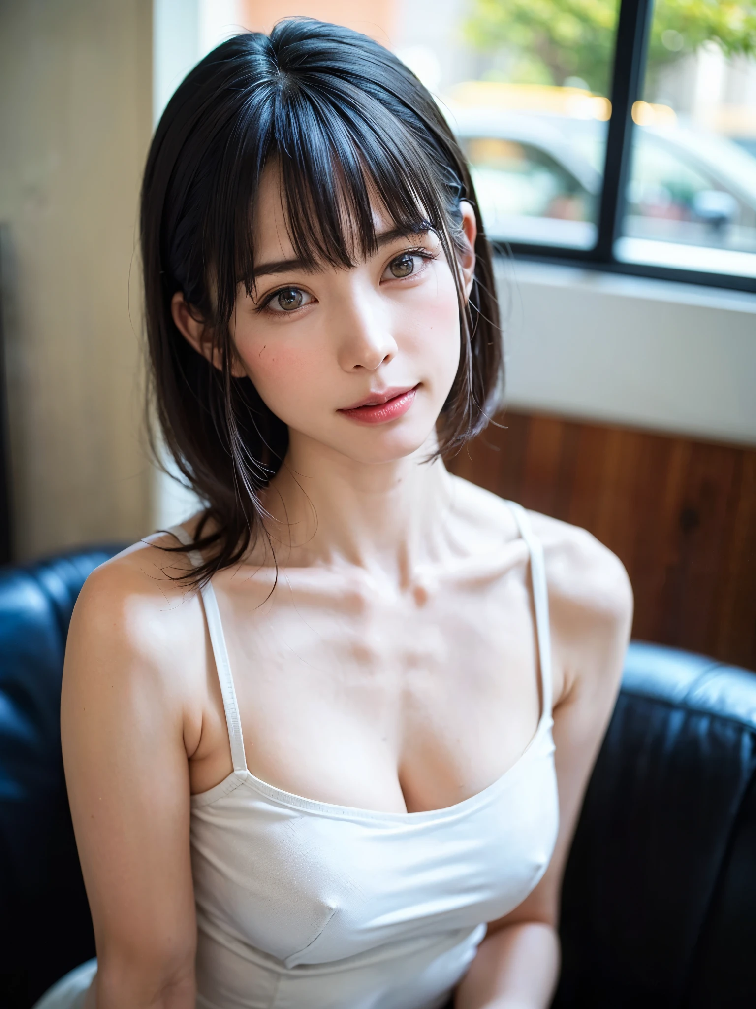 (table top, highest quality、high detail:1.4、very attractive beauty、Add intense highlights to your eyes、Please look closely at the camera:1.4、Beautiful woman full of charm、ideal body proportions、perfect anatomy、brunette short bob hair、shiny hair、bangs:1.4、光沢のあるbangs:1.4、lip gloss),1 girl, Report, light brown shiny hair, Scarf,realistic, looking at the viewer、tilt your head a little, bright colored crystal light blue eyes, short and shiny hair、 chest中央に穴の開いた白いタートルネックの衣装,chestの真ん中に丸い穴のあるセクシーな白いタートルネック ニット セーター、 lips, lip gloss, Upper body、Big eyes、eyelash、face is a little red、embarrassing)、((italian road in winter))、((short hair with Big eyess、Give students very strong highlights、{huge|big|hugeな|mega} chest:1.4、very bigger chest、look at the viewer、very beautiful beauty、Please show your ears、long neck、smile a little、beautiful teeth、open your mouth and smile、heart-shaped eyes))、28 years old、very cute super model、