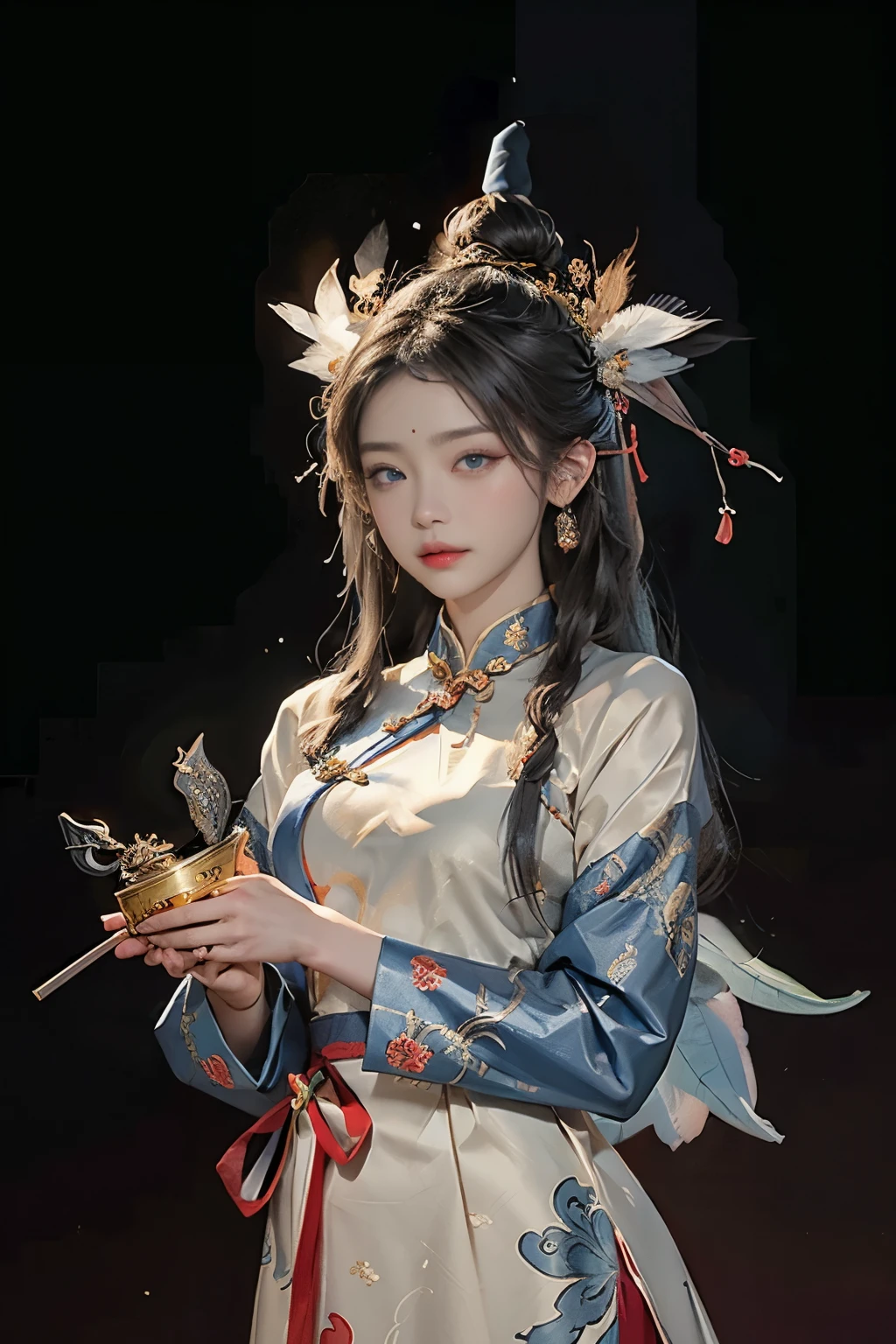 Masterpiece, traditional Chinese ink painting, a 28-year-old fairy in a colorful ao dai, long hair, hair and antique jewelry, hair brooch, the most beautiful and detailed face, blue eyes, feathers thin eyebrows, very meticulous and delicate makeup eyelashes, looking at the viewer, breasts are enlarged, breasts are big and round, arms crossed behind back, hanfu style, (dunce style: 1.8), Linh, loong, Dunhuang_cloth, UHD dragon horn, Flying dragon, upper body, 4k, best quality, super detail, winning award, high quality, best quality, high detail, dunhuang_fan, dunhuang_dress, dunhuang_background , highest quality, 8k quality, super realistic, FHD quality, 8k ultra FHD, fantasy style