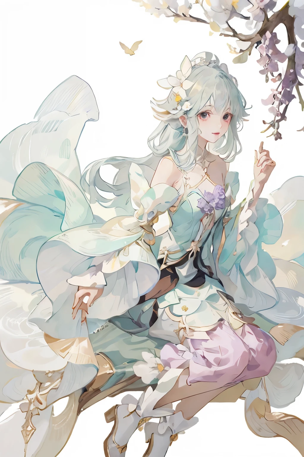 Anime girl wearing purple skirt，There is a bird in the background, lilacs, my dress up darling anime, Cute anime waifu wearing beautiful clothes, clear Fashion Design, !!full body portrait!!, Soft anime illustration, Fashion Design, Beautiful anime style, season!! : 🌸 ☀ 🍂 ❄, Beautiful anime character design, Dress up in dreamy formal attire, Beautiful anime art style, dream style
