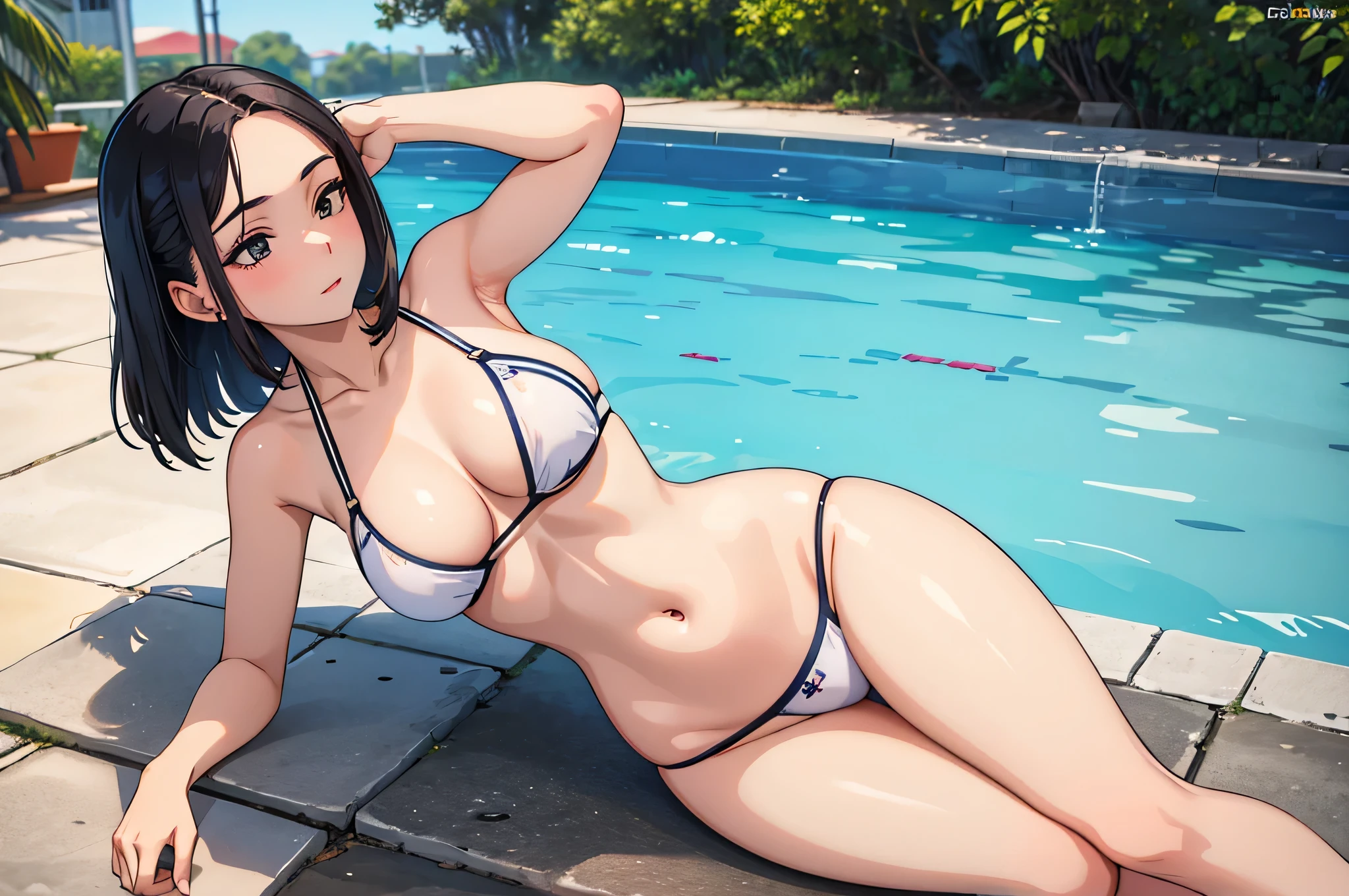 obra-prima, melhor qualidade, solo girl, 1girl, alta qualidade, intrincado, sexy pose, bikini, foco na bunda, big , piscina,