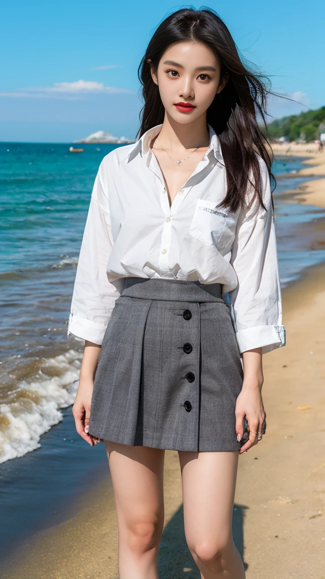 arafed woman standing on a beach with a purse in her hand, white shirt and grey skirt, ji-min, korean women's fashion model, detailed plaid miniskirt, grey skirt, shin min jeong, taejune kim, jinyoung shin, near the sea, with short hair, with seaweed, summer shirt, wearing skirt, fine white shirt, white trendy clothes