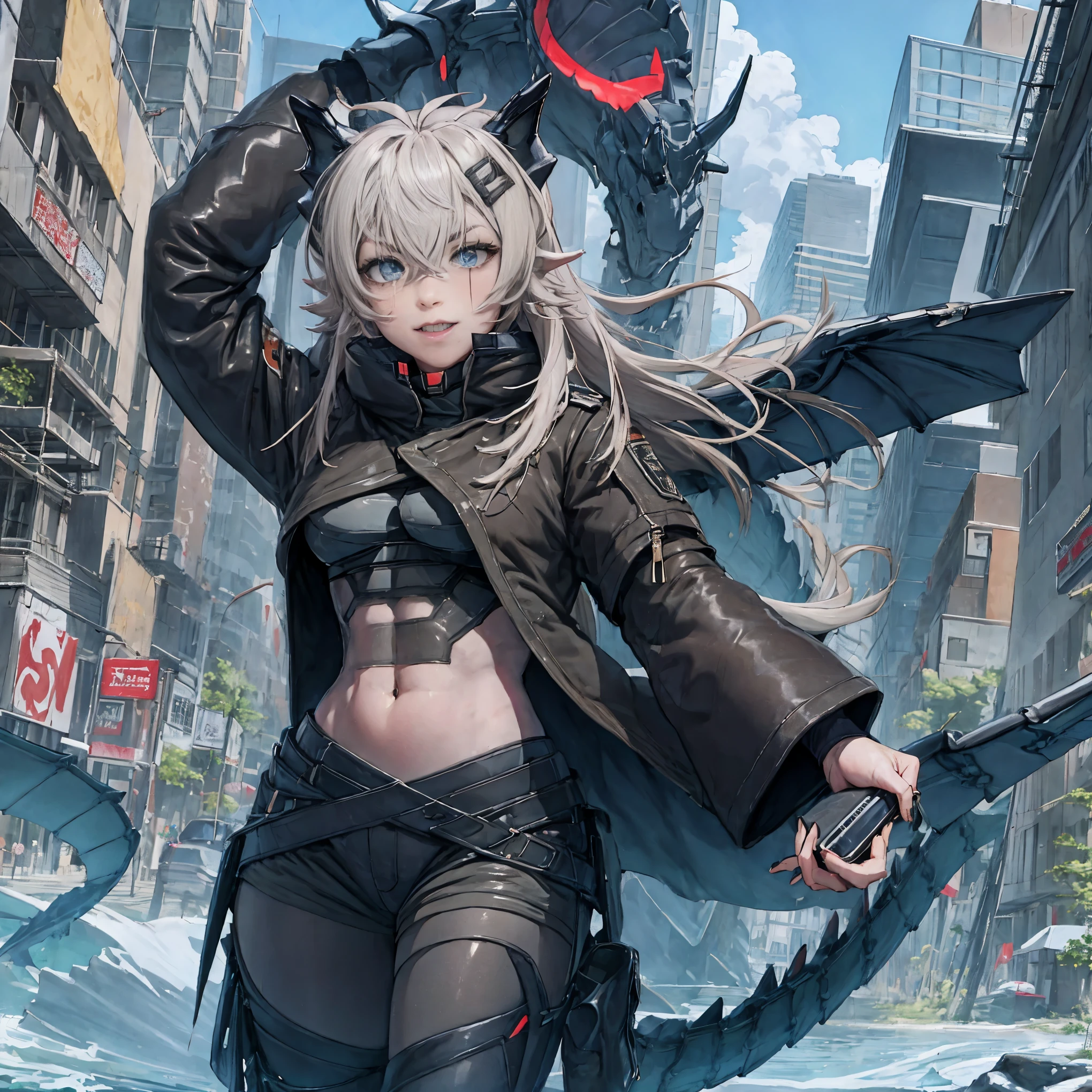 masterpiece, shoulder length white hair, female,2 white fox ears, teenage girl, body,, white scale dragon tail, military boots,black leggings, military combat pants, black T-shirt, white jacket open, medium size chest, detailed blue eyes,solo female,1 dragon tail, tomboyish, thick dragon tail, white scales, 2 dragon wings, white fluffy wings