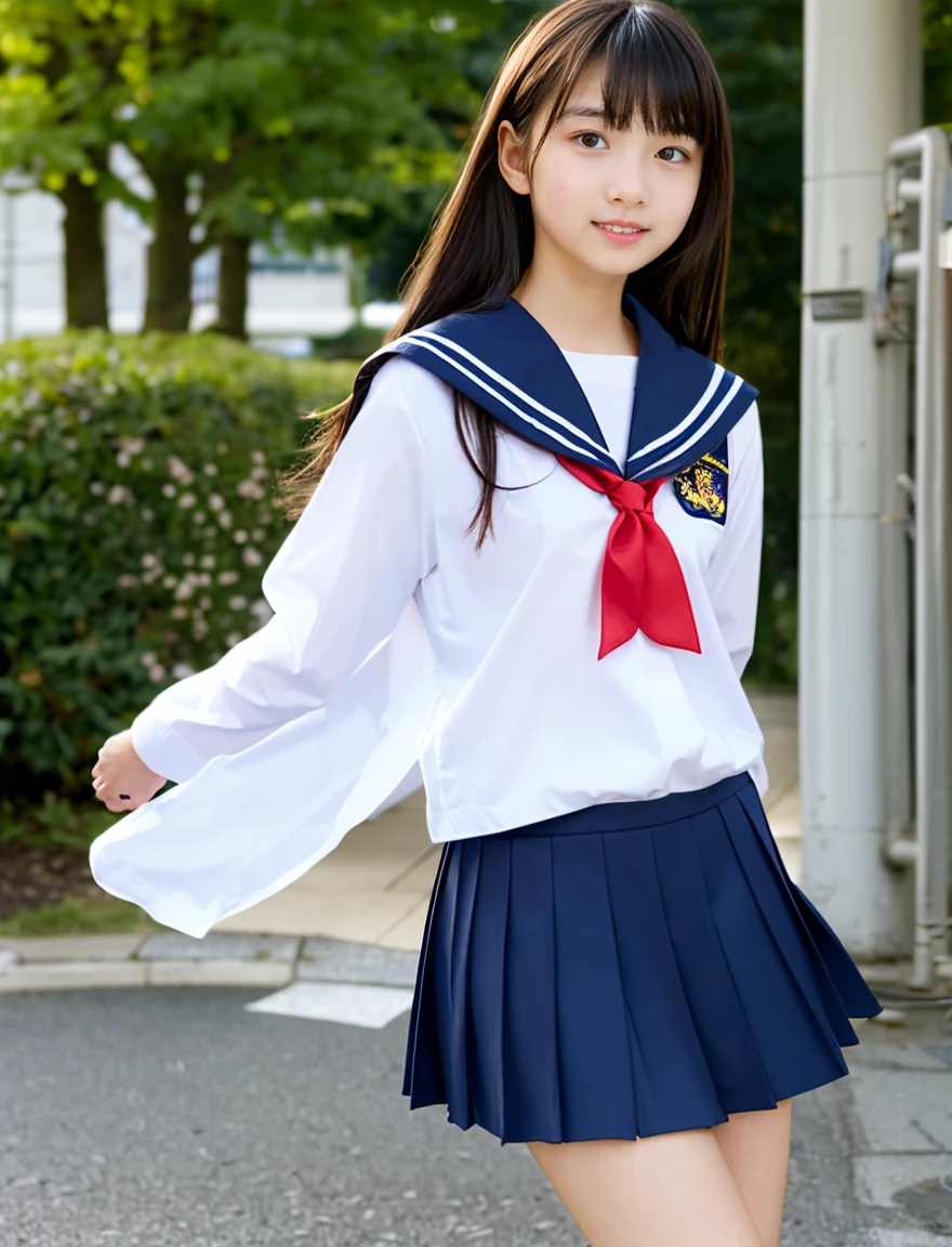 Japan Sailor School Uniform、dark blue school uniform、navy pleated skirt、beautiful girl、15 years old、(((Leave the hem of the sailor suit outside)))、black hair、ponytail、((No bangs:1.2))、((put out one's forehead))、Spinning、white socks、loafers、standing position、serious expression、protruding tooth、School、middle School girls、7 head and body、