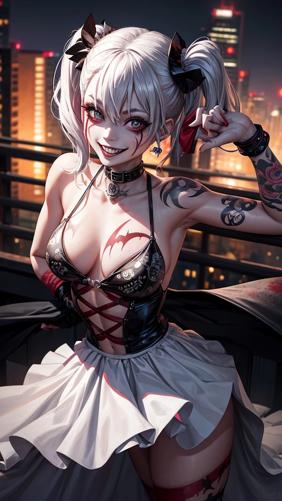 tattoo girl, very beautiful, murderous, Harley Quinn, crazed look, dark background, 8K, dynamic wallpaper, very delicate, very dense, creepy smile, cityscape with bat signal in background, wearing a bloody wedding dress