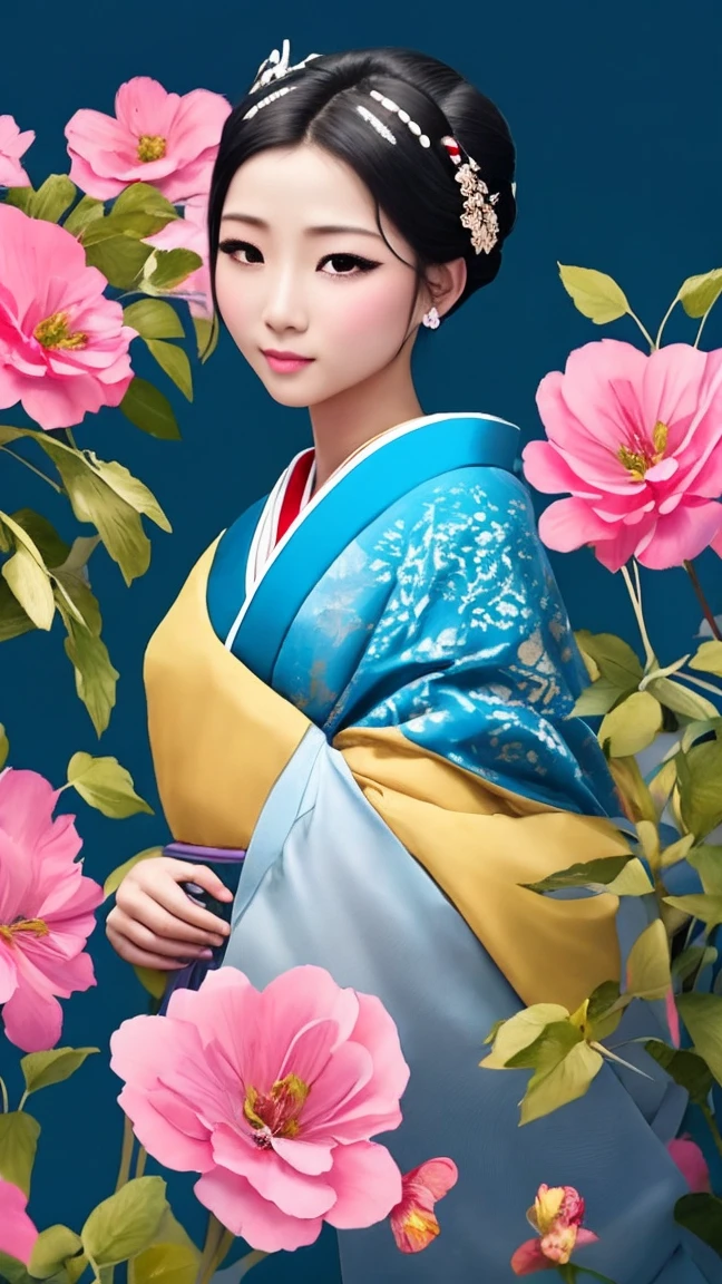 shadow flat vector art, masterpiece, 8k, highest quality, geisha, portrait, sweet smile, spring flowers, blue green and pink,DonML4zrP0pXL