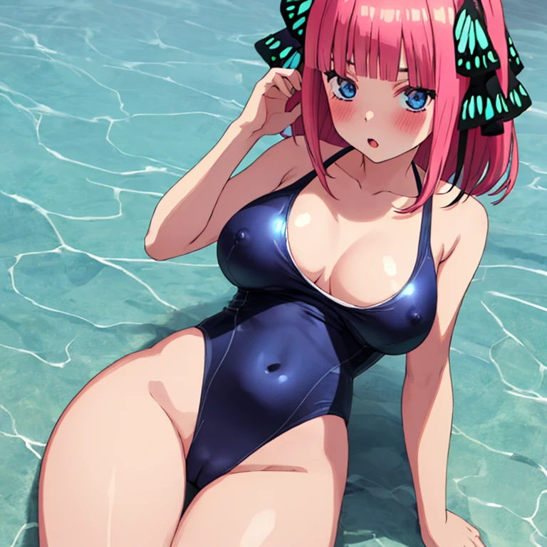 masterpiece, best quality, ultra detailed, best illustration, nsfw, 1girl, one-piece swimsuit, nakano nino, bangs, pink_hair, blunt_bangs, butterfly hair ornament, blue eyes