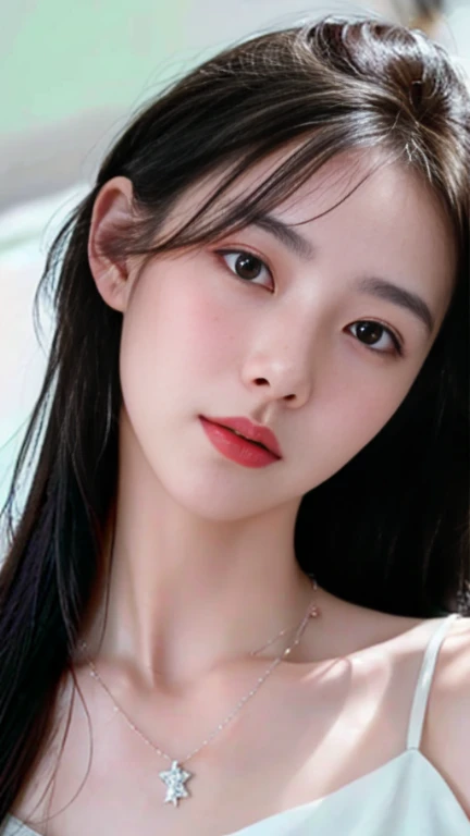 a close up of a woman with a white dress and a necklace, soft portrait shot 8 k, beautiful delicate face, lovely delicate face, realistic. cheng yi, beautiful portrait image, girl cute-fine-face, gorgeous face portrait, portrait cute-fine-face, by Yanjun Cheng, beautiful aesthetic face, feminine beautiful face, soft portrait, beautiful portrait photo