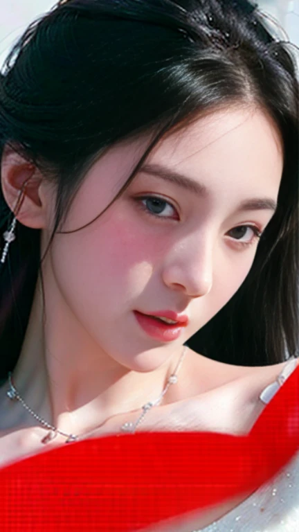 a close up of a woman with a white dress and a necklace, soft portrait shot 8 k, beautiful delicate face, lovely delicate face, realistic. cheng yi, beautiful portrait image, girl cute-fine-face, gorgeous face portrait, portrait cute-fine-face, by Yanjun Cheng, beautiful aesthetic face, feminine beautiful face, soft portrait, beautiful portrait photo