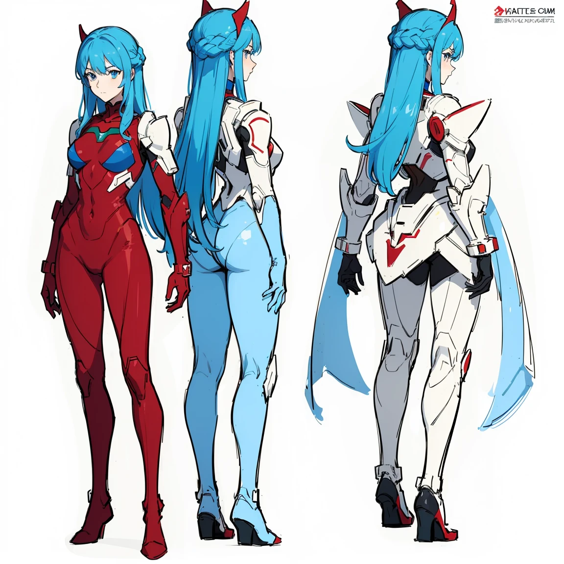 (((full body photo))), red blue and white color, femboy wearing a lightly armoured body suit, sci-fi themes, chest armour, gundam, best quality, arte oficial, Sketch line diagram, eye blue, front view, back view, and side view of character, long hair