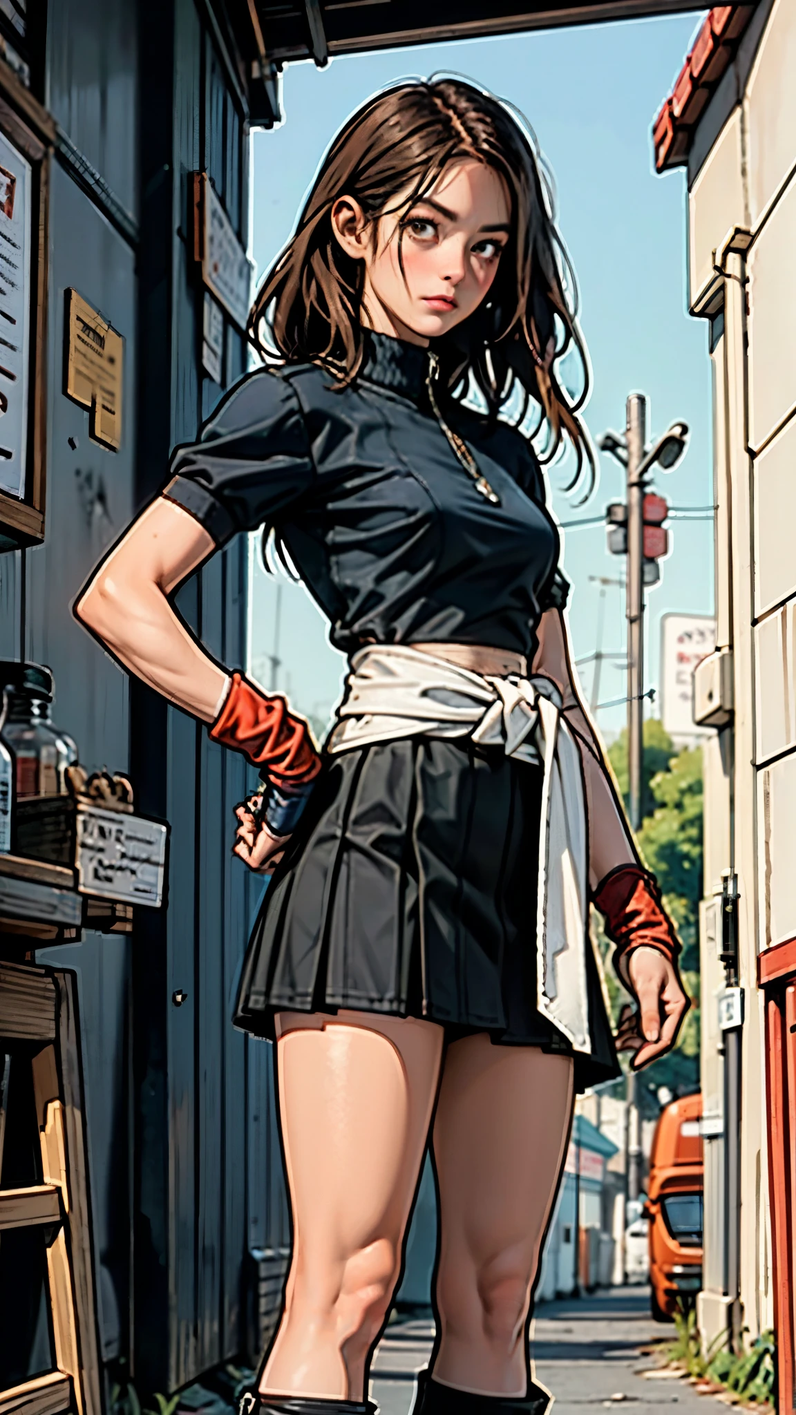 A woman with long brown hair, a determined expression on her exquisite face, a tall and muscular physique, a cropped top that exposes her waist, a yellow leather jacket with rolled-up sleeves, sturdy wooden forearm guards, two ribbons are elegantly tied around her right arm, a short skirt with a small tool pouch around her waist, a dagger is strapped to her thigh, rough cloth boots, her right hand holds a massive cleaver, standing in a fantasy-style wilderness city, this character embodies a finely crafted fantasy-style bounty hunter in anime style, exquisite and mature manga art style, high definition, best quality, highres, ultra-detailed, ultra-fine painting, extremely delicate, professional, anatomically correct, symmetrical face, extremely detailed eyes and face, high quality eyes, creativity, RAW photo, UHD, 8k, Natural light, cinematic lighting, masterpiece-anatomy-perfect, masterpiece:1.5