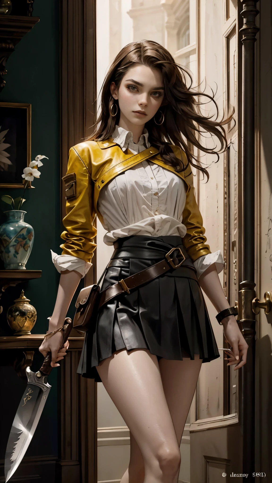 A woman with long brown hair, a determined expression on her exquisite face, a tall and muscular physique, a cropped top that exposes her waist, a yellow leather jacket with rolled-up sleeves, sturdy wooden forearm guards, two ribbons are elegantly tied around her right arm, a short skirt with a small tool pouch around her waist, a dagger is strapped to her thigh, rough cloth boots, her right hand holds a massive cleaver, standing in a fantasy-style wilderness city, this character embodies a finely crafted fantasy-style bounty hunter in anime style, exquisite and mature manga art style, high definition, best quality, highres, ultra-detailed, ultra-fine painting, extremely delicate, professional, anatomically correct, symmetrical face, extremely detailed eyes and face, high quality eyes, creativity, RAW photo, UHD, 8k, Natural light, cinematic lighting, masterpiece-anatomy-perfect, masterpiece:1.5