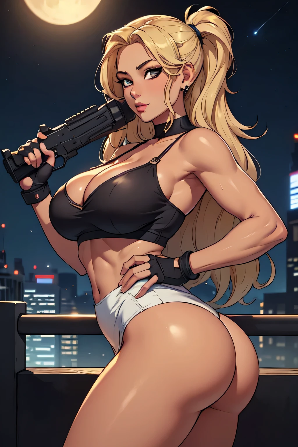 ((melhor qualidade)), ((4KUHD)), ((obra de arte)), (detalhado), rosto perfeito, melhorar, pele bronzeada, top apertado, mini-saia, grande , grande ass, segurando arma, noite, decote, CIDADE, cabelo liso, cabelo loiro