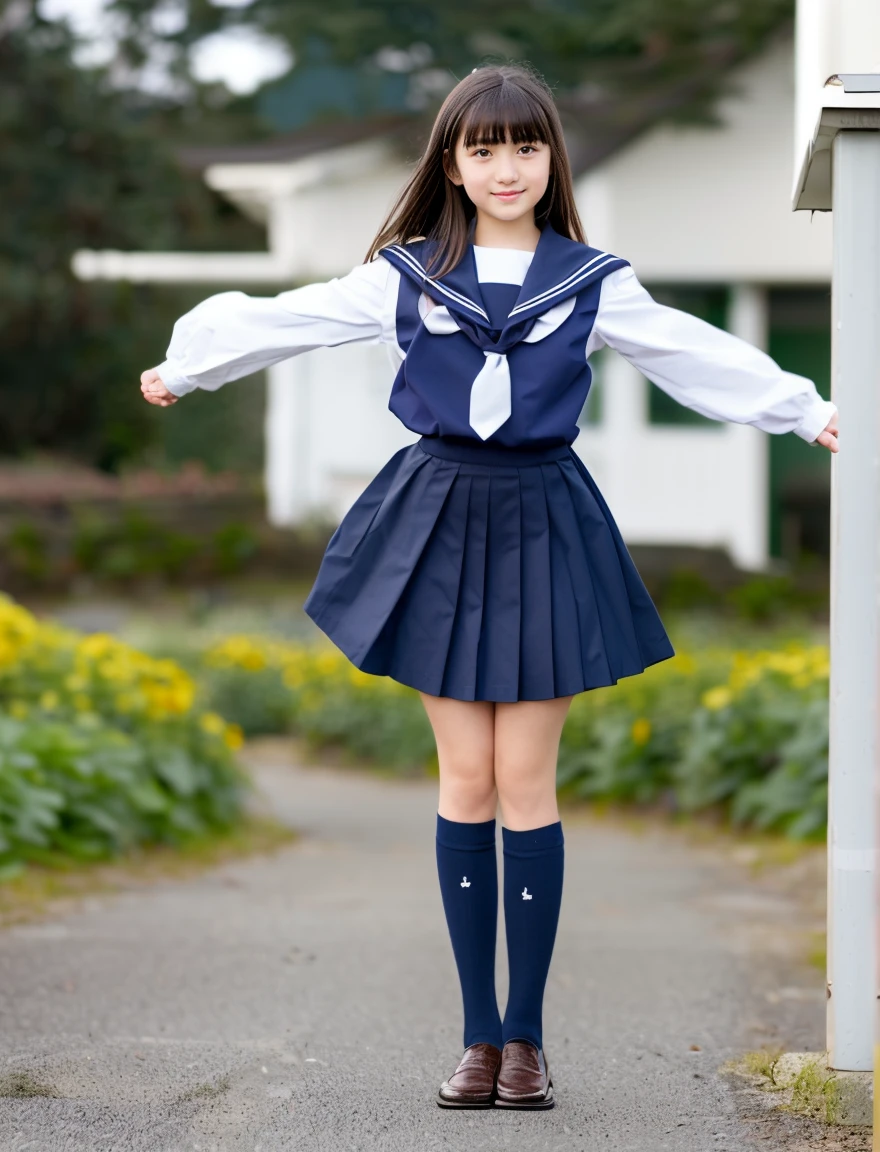 girl running in windy school yard,long-sleeved white sailor frilled long dress with flare skirt fluttering,white thong,white socks,18-year-old,bangs,a little smile,thighs,knees,hair blowing in wind,low ponytails with barrette,from below,front light