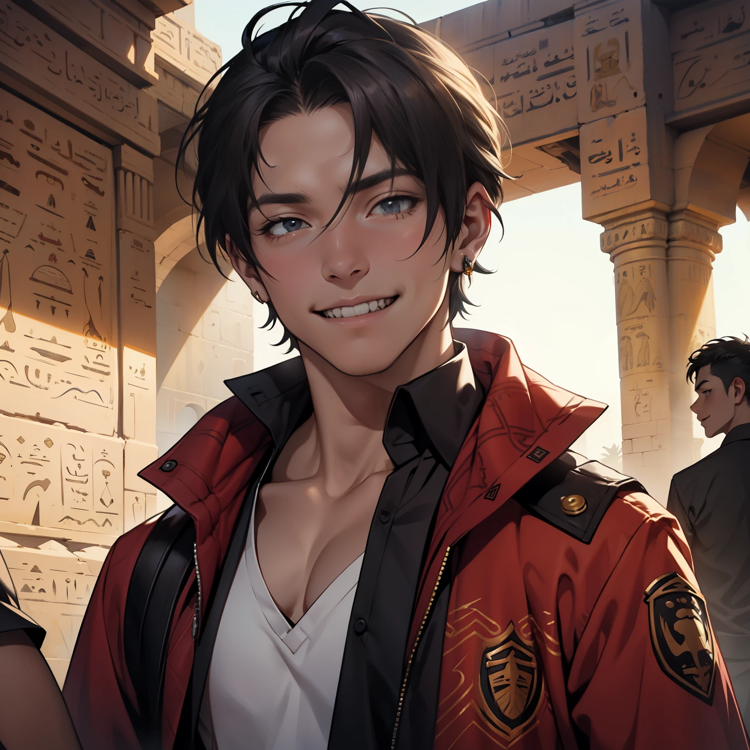 There is a 14 year old boy speaking to someone with his mouth open he speaks in Egypt hair on one side covers one eye boy male masculine mischievous smiles with some evil, tiene puesta una camisa cafe y joyas de oro