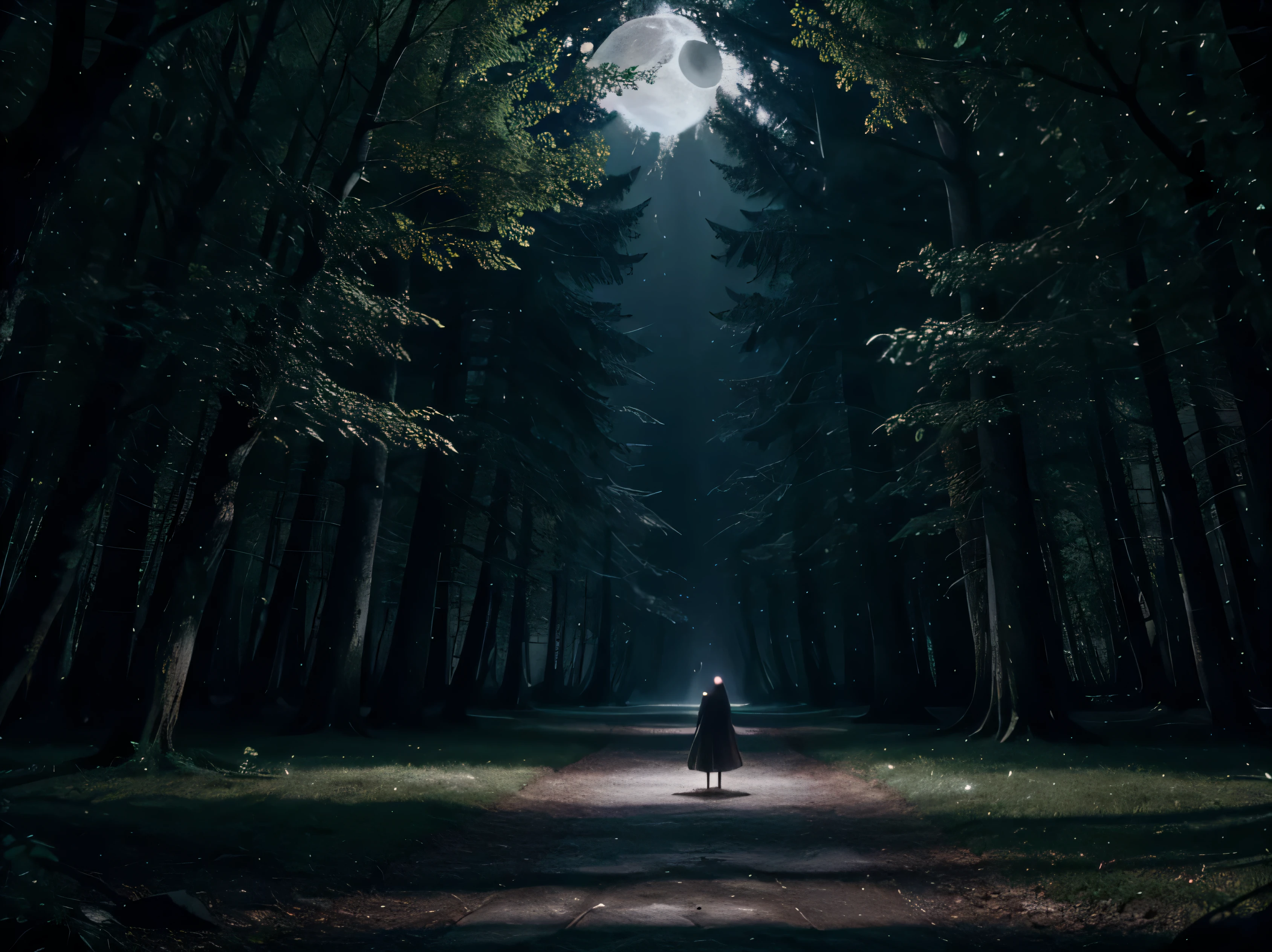 heart of a mystical night forest, where ancient trees whisper secrets and shadows play beneath the moon's silver glow, the melodies of unseen creatures guide to the enchanting Moonwater Lake in the night ultrarrealistic UHD