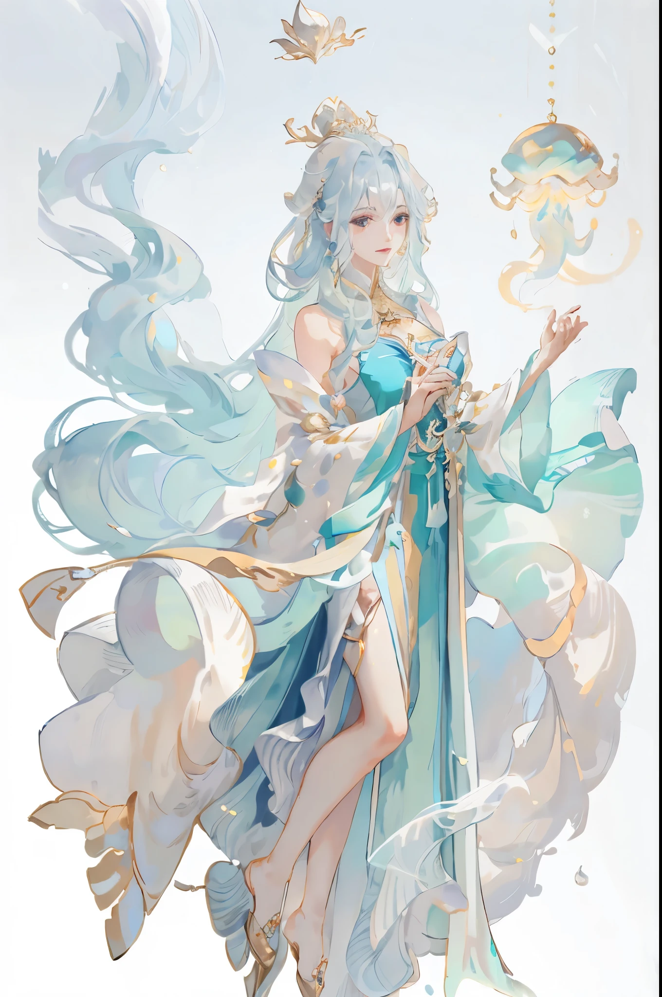 Anime girl wearing blue clothes，blue hair and blue clothes, flowing magic robe, ((beautiful fantasy queen)), Astral Witch Clothes, full body xianxia, Beautiful celestial mage, heise jinyao, beautiful fantasy queen, jellyfish priestess, Cotton Cloud Mage Robe, ethereal essence, Gorgeous flowing robe, flowing hair and gown
